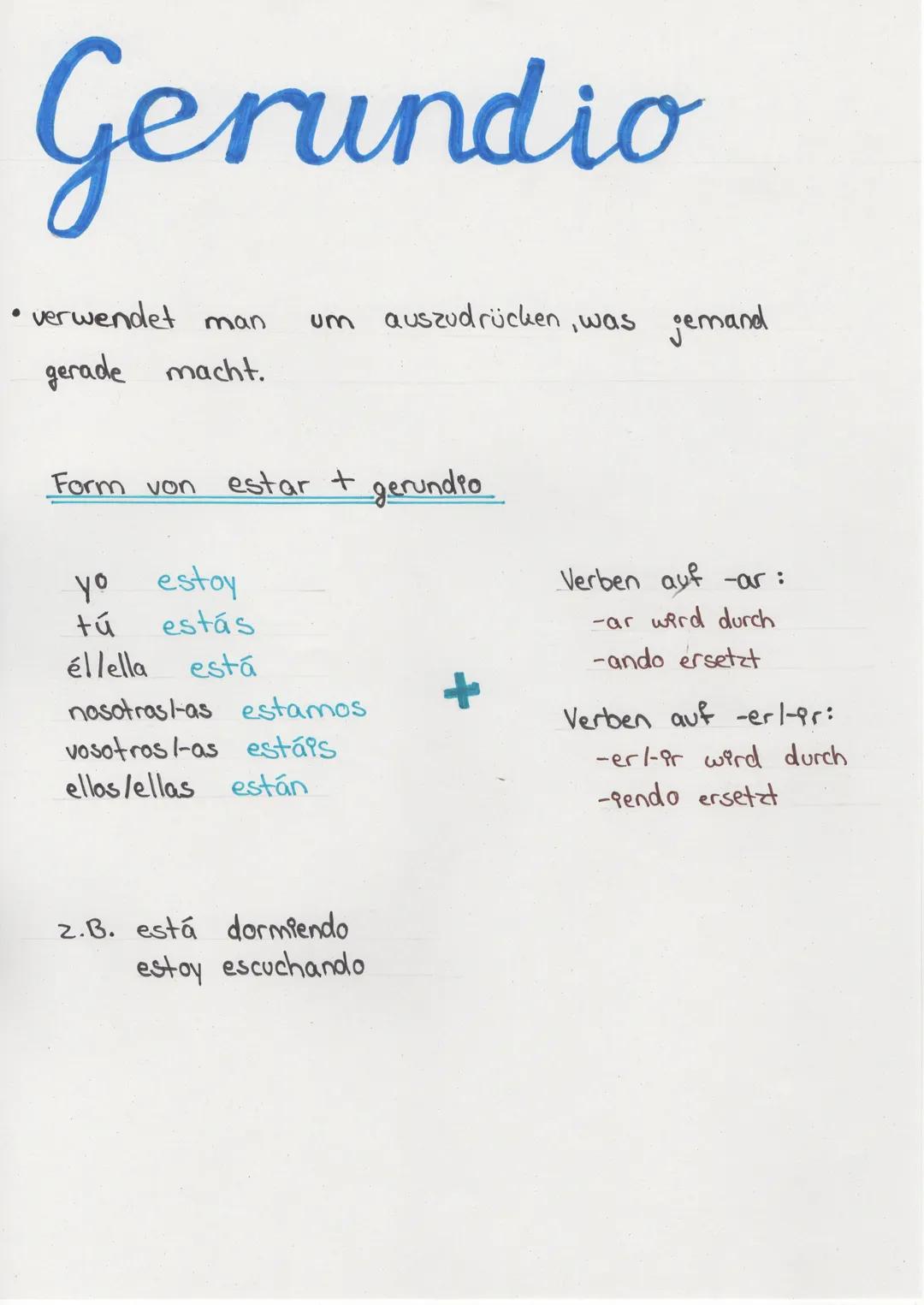 # Gerundio

• verwendet man um auszudrücken, was jemand
gerade macht.

Form von estar + gerundio

yo estoy
tú estás
éllella está
nosotrast-a