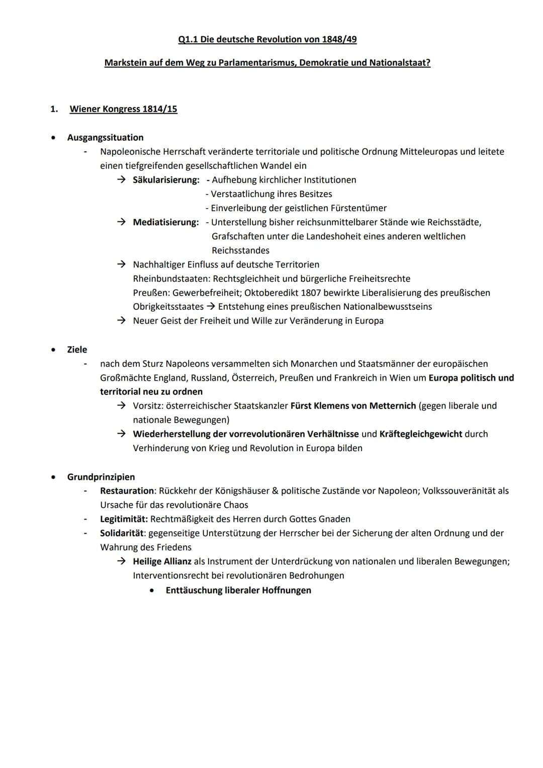 1. Wiener Kongress 1814/15
● Ausgangssituation
●
Markstein auf dem Weg zu Parlamentarismus, Demokratie und Nationalstaat?
Ziele
Q1.1 Die deu