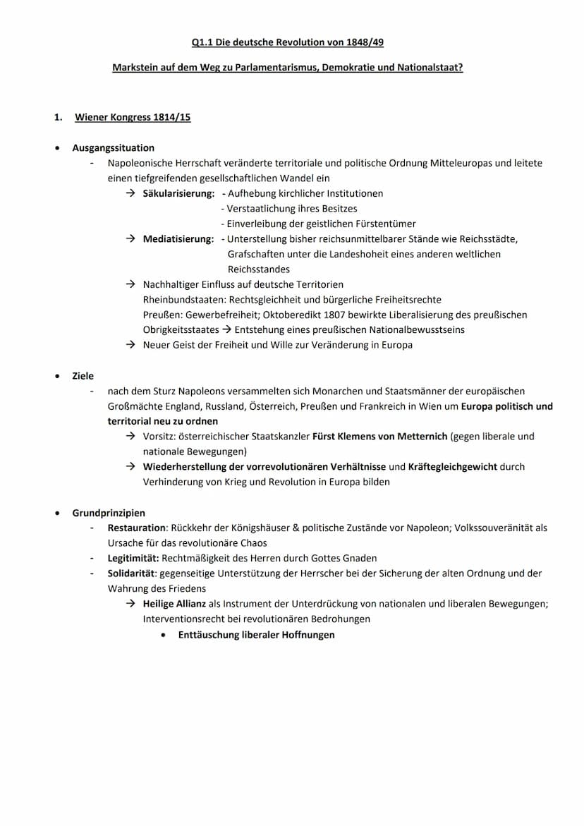 1. Wiener Kongress 1814/15
● Ausgangssituation
●
Markstein auf dem Weg zu Parlamentarismus, Demokratie und Nationalstaat?
Ziele
Q1.1 Die deu