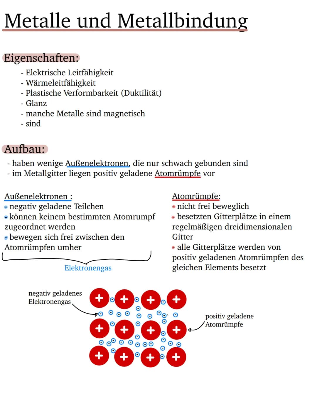 Metalle und Metallbindung
Eigenschaften:
- Elektrische Leitfähigkeit
- Wärmeleitfähigkeit
- Plastische Verformbarkeit (Duktilität)
- Glanz
m