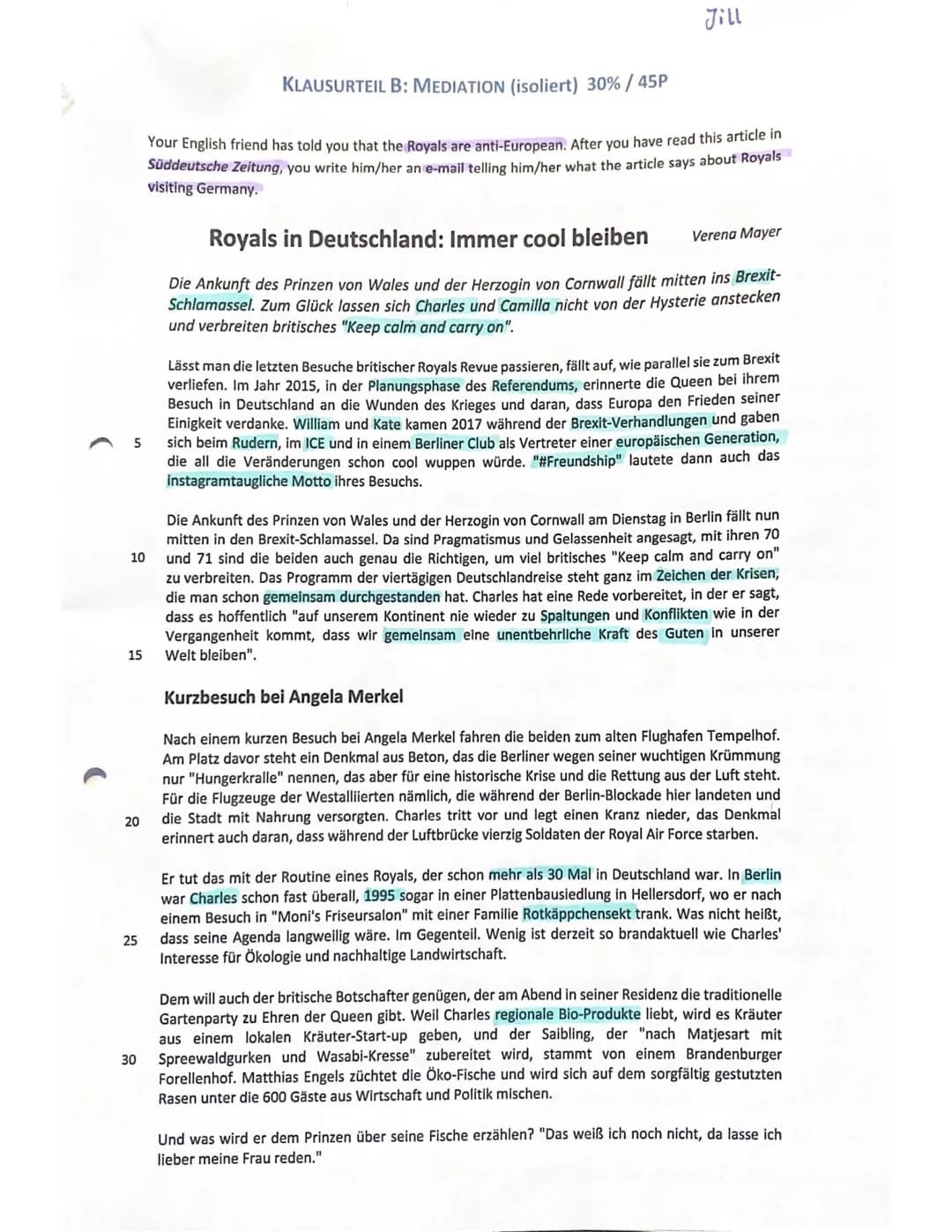 -Gesamtschule
Written Exam No. 3 (Q1/2.HJ/1 EGK)
>>Tradition and change in the UK
Bearbeitungszeit: 135 Minuten Name: Jill
KLAUSURTEIL A: SC