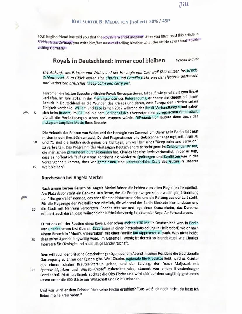 -Gesamtschule
Written Exam No. 3 (Q1/2.HJ/1 EGK)
>>Tradition and change in the UK
Bearbeitungszeit: 135 Minuten Name: Jill
KLAUSURTEIL A: SC