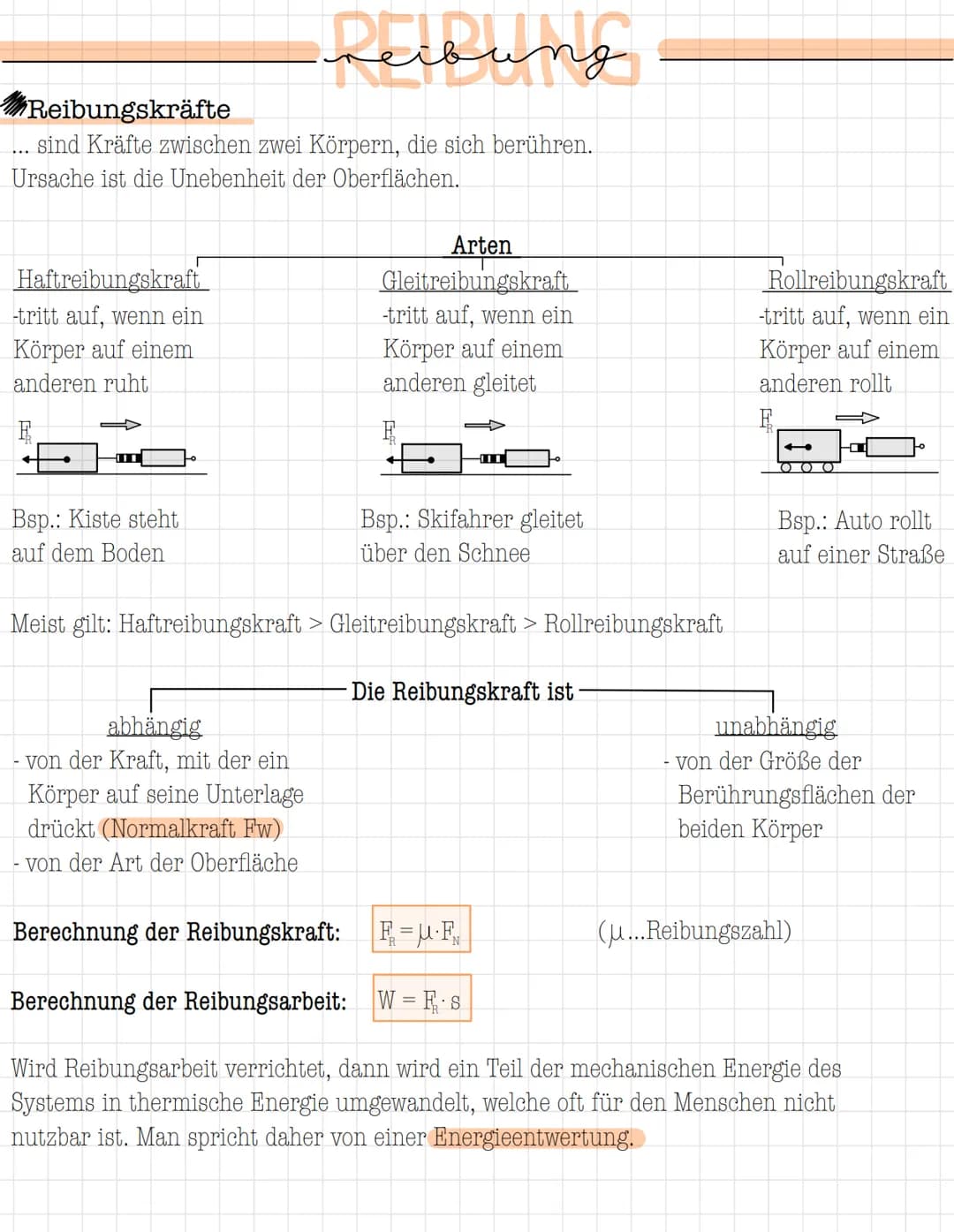 Reibing
Reibungskräfte
sind Kräfte zwischen zwei Körpern, die sich berühren.
Ursache ist die Unebenheit der Oberflächen.
Haftreibungskraft
-