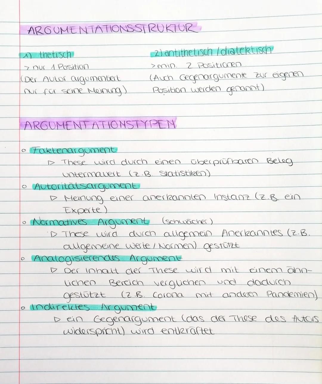# ARGUMENTATIONSSTRUKTUR

1) thetisch
> nur 1 Position
(Der Aulor argumentiert.
nur für seine Meinung)

2) antithetisch/dialektisch
>min. 2 