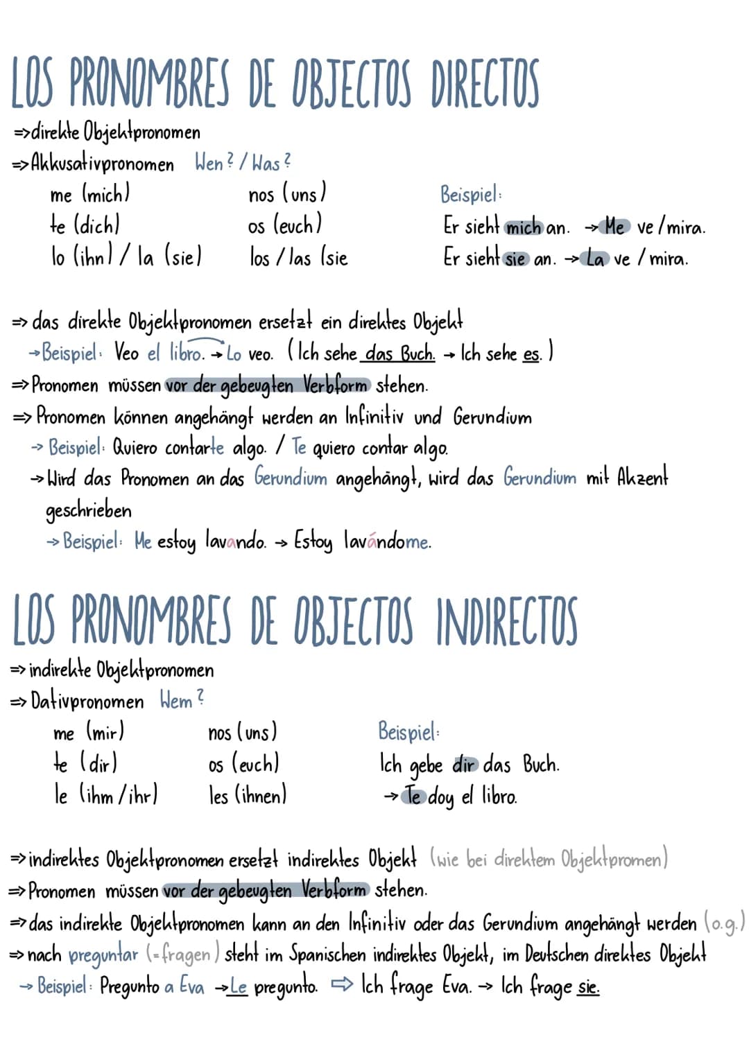 LOS PRONOMBRES DE OBJECTOS DIRECTOS
=>direkte Objektpronomen
>Akkusativpronomen Wen? / Was?
me (mich)
te (dich)
lo (ihn/la (sie)
=>
nos (uns