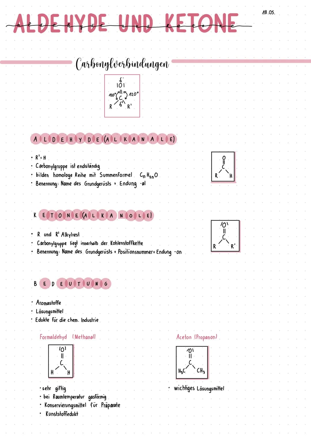 ALDEHYDE UND KETONE
Carbonylverbindungen
S
101
ALDEHYDE (A
Y DEAL KANALE)
BEDEUTUNG
0°(11 1120⁰
с
6²1
R' = H
Carbonylgruppe ist endständig
•