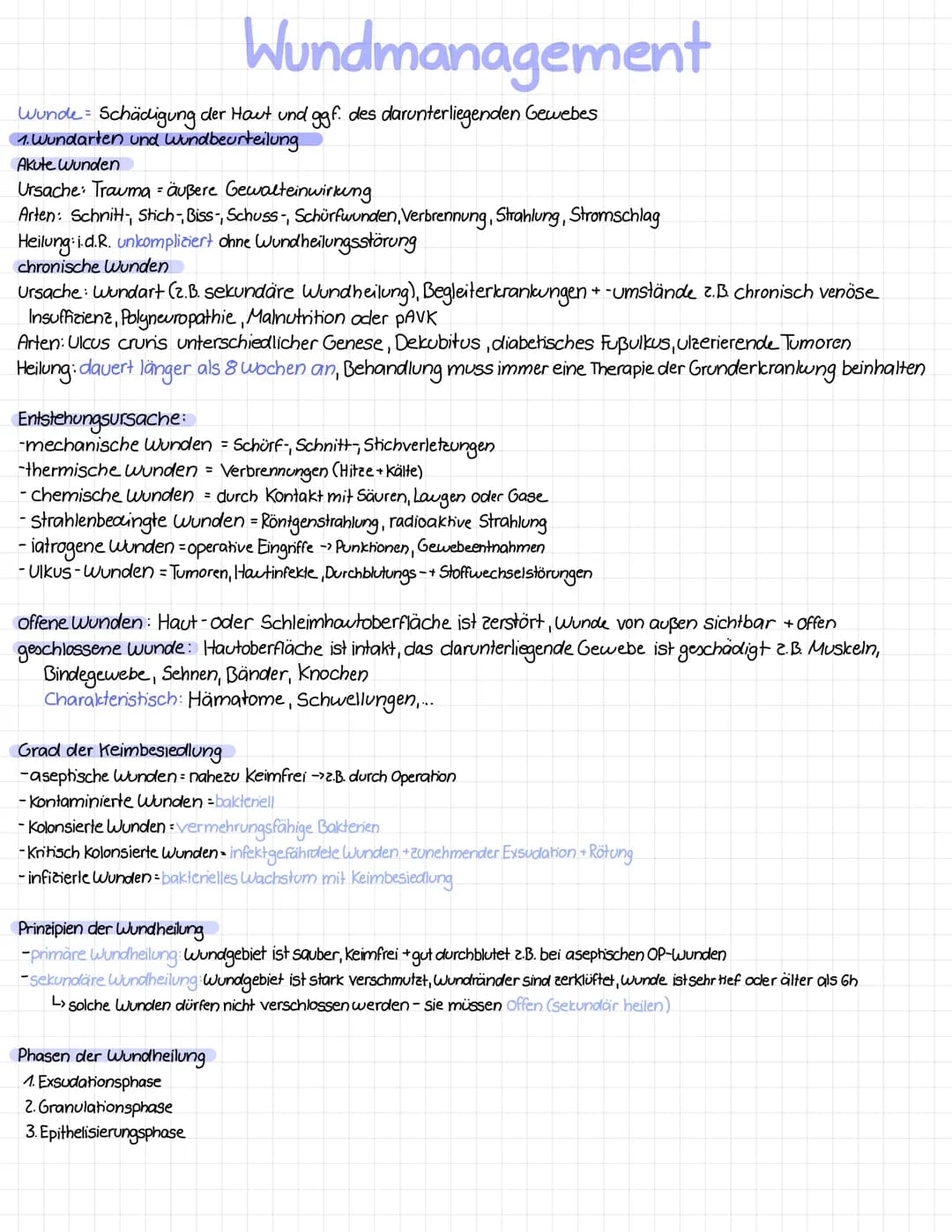 Wundmanagement
Wunde Schädigung der Haut und ggf. des darunterliegenden Gewebes
1. Wundarten und Wundbeurteilung
Akute Wunden
Ursache Trauma