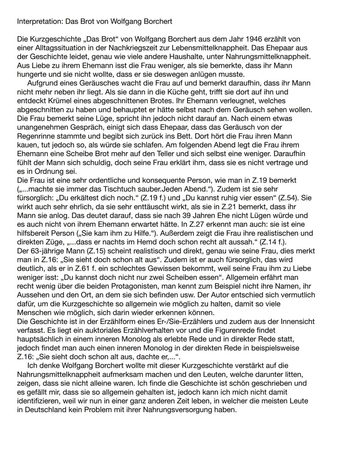 Interpretation: Das Brot von Wolfgang Borchert
Die Kurzgeschichte ,,Das Brot" von Wolfgang Borchert aus dem Jahr 1946 erzählt von
einer Allt