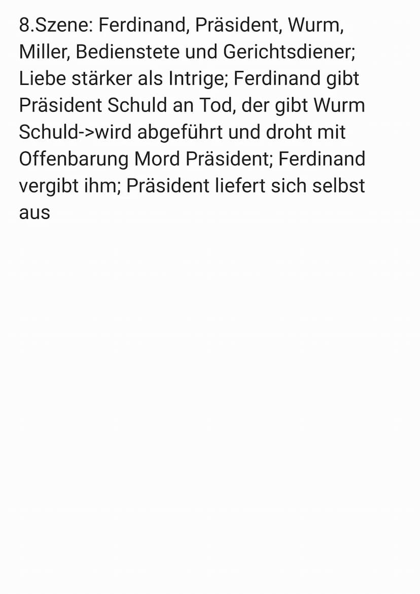 Kabale und Liebe
Akt 1:
1.Szene: Gespräch Miller und Millerin über
Beziehung von Luise und Ferdinand
2.Szene: Wurm will Luise heiraten-> bit