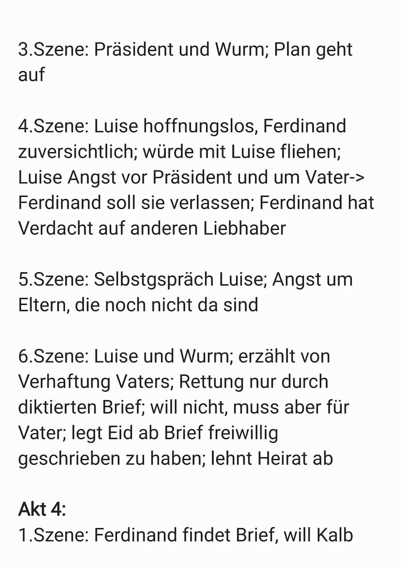 Kabale und Liebe
Akt 1:
1.Szene: Gespräch Miller und Millerin über
Beziehung von Luise und Ferdinand
2.Szene: Wurm will Luise heiraten-> bit