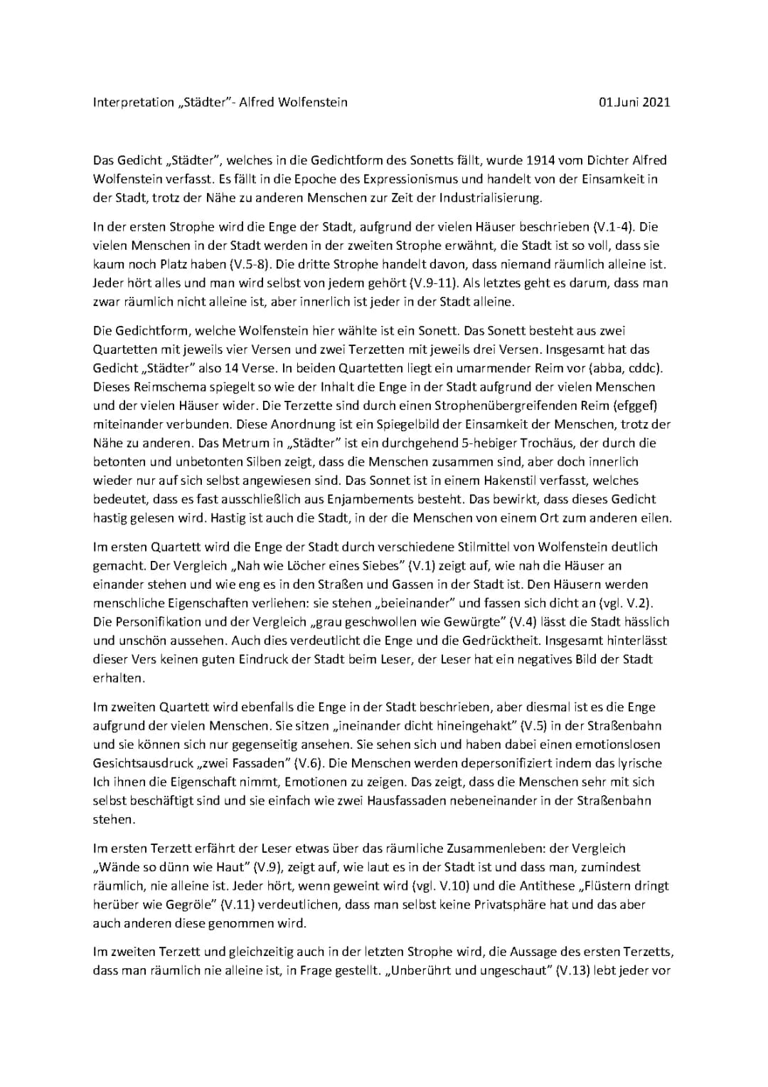 Städter Alfred Wolfenstein Gedichtanalyse und sprachliche Mittel für Klasse 8