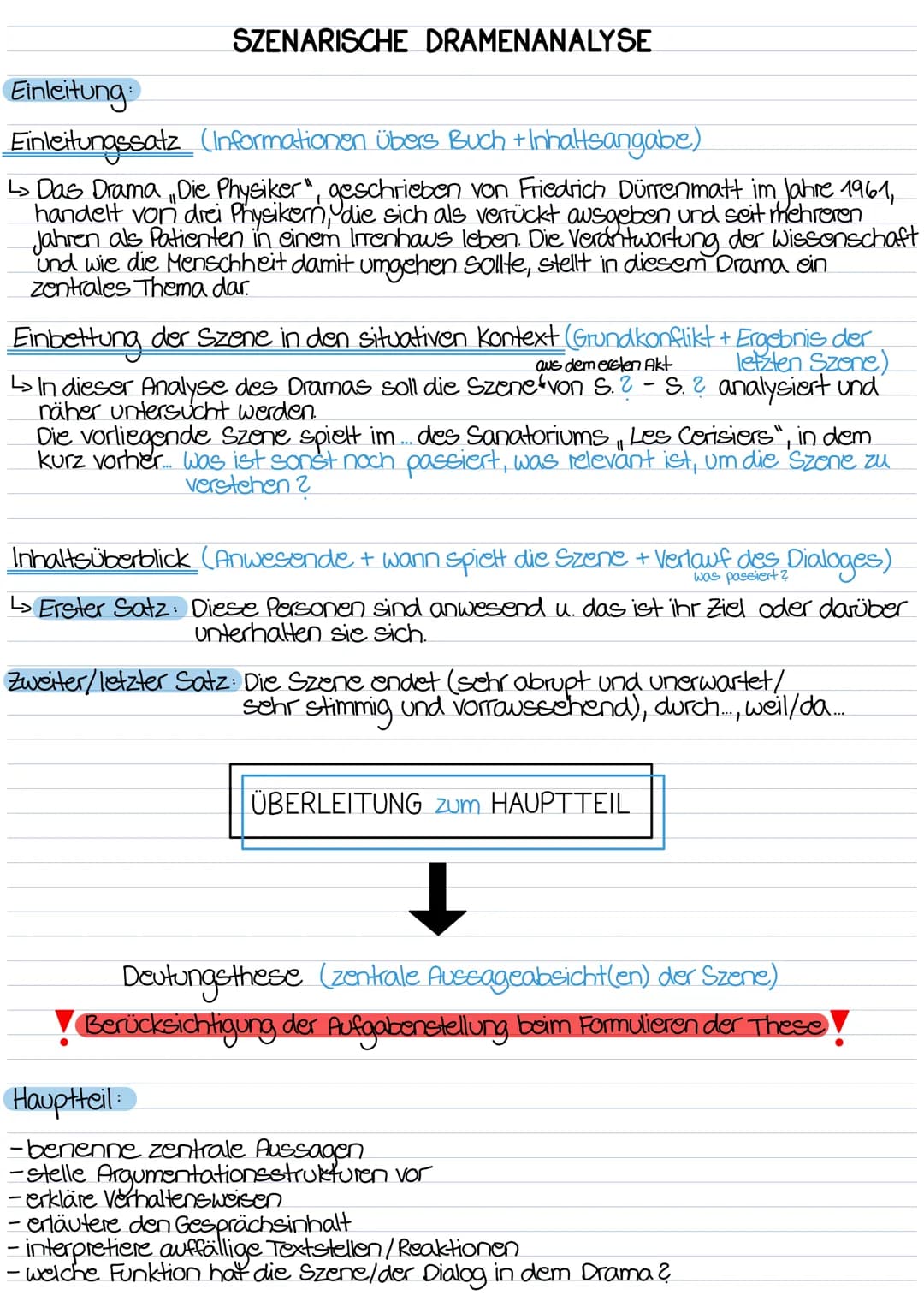 SZENARISCHE DRAMENANALYSE
Einleitung:
Einleitungssatz (Informationen übers Buch + Inhaltsangabe)
L> Das Drama, Die Physiker", geschrieben vo