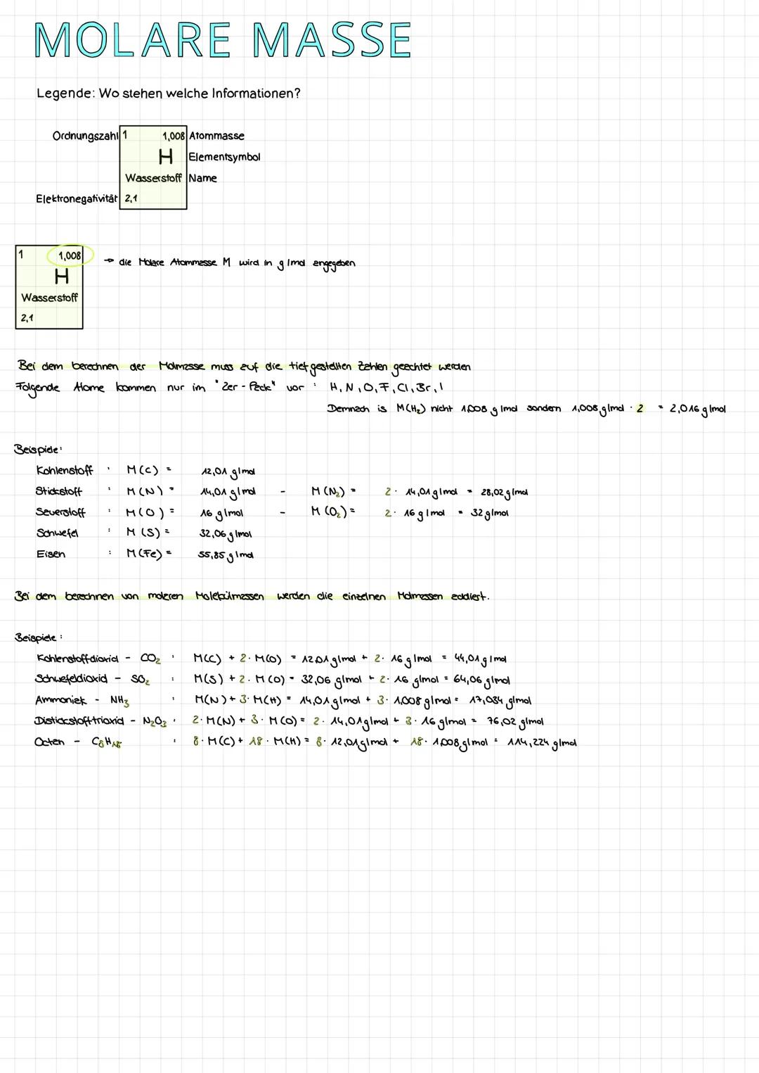 1
MOLARE MASSE
Legende: Wo stehen welche Informationen?
2,1
Ordnungszahl 1
Elektronegativität 2,1
1,008
Wasserstoff
Beispiele:
Kohlenstoff
S