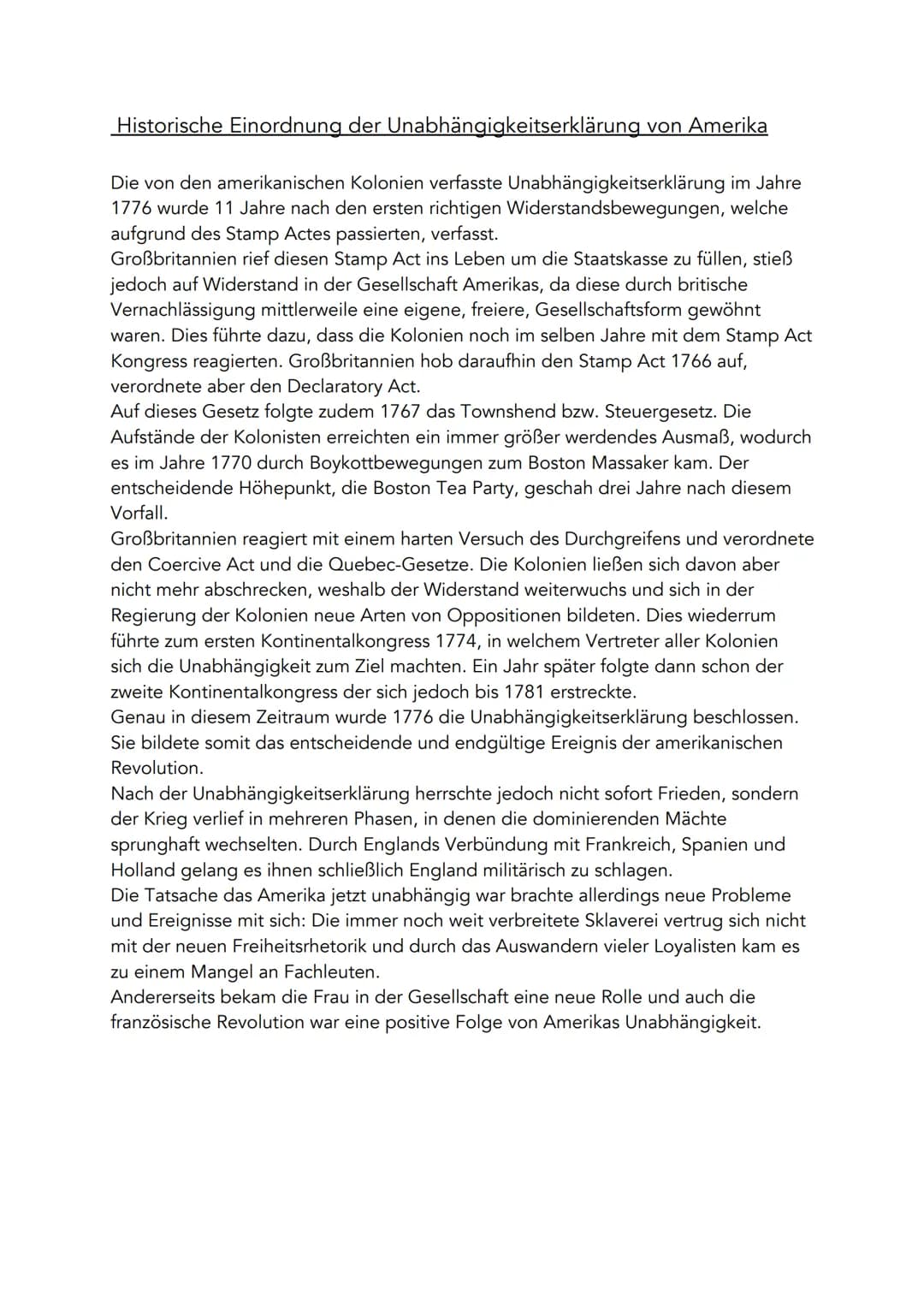 Historische Einordnung der Unabhängigkeitserklärung von Amerika
Die von den amerikanischen Kolonien verfasste Unabhängigkeitserklärung im Ja