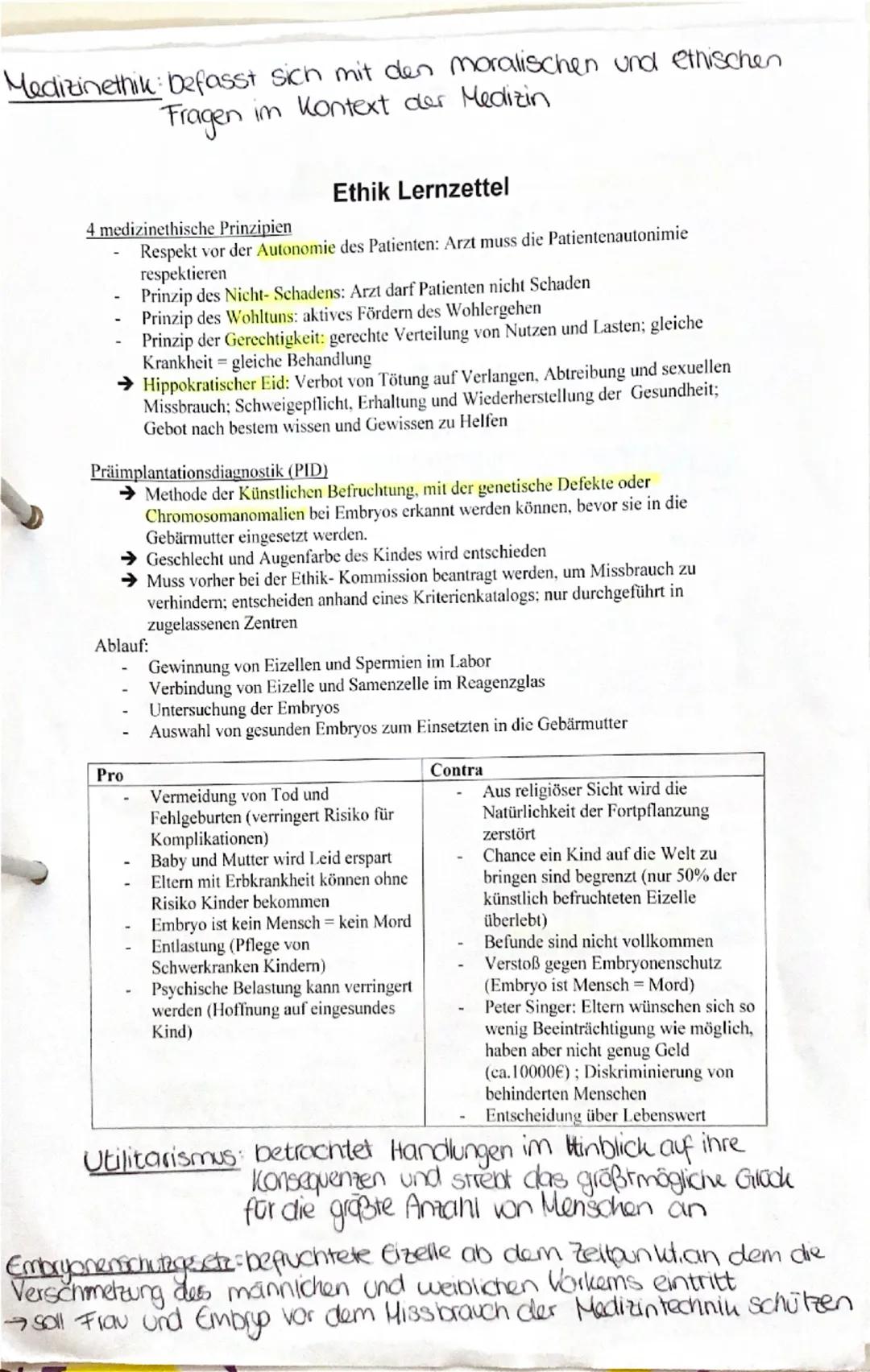 Medizinethik: befasst sich mit den moralischen und ethischen
Fragen im Kontext der Medizin

Ethik Lernzettel

4 medizinethische Prinzipien
-