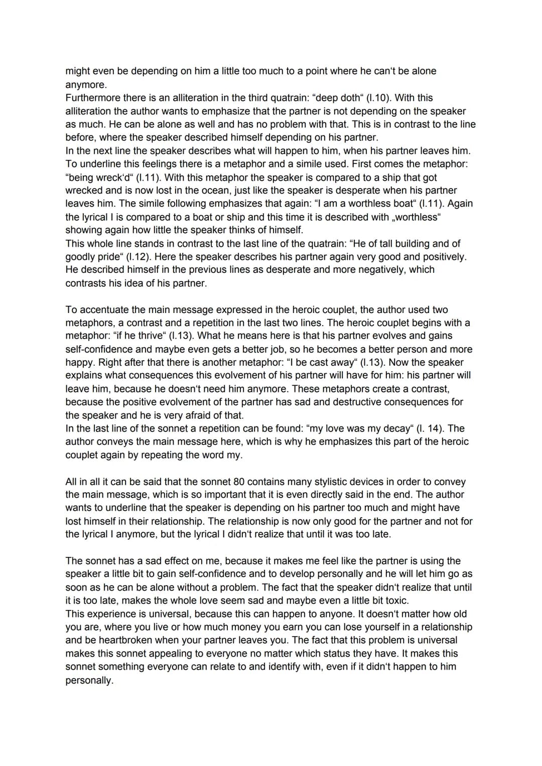 Analysis of a sonnet (80)
The sonnet 80, written by William Shakespeare and published in XXXX, is about a
relationship between the speaker a