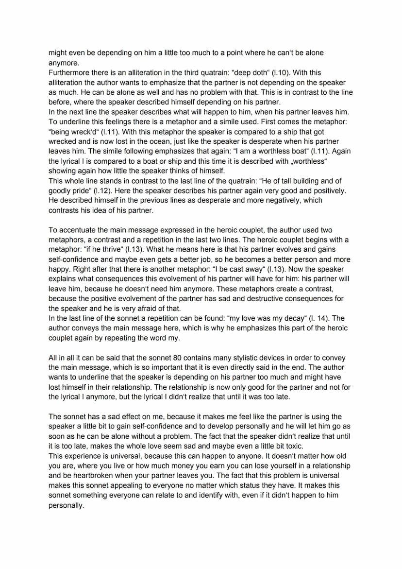 Analysis of a sonnet (80)
The sonnet 80, written by William Shakespeare and published in XXXX, is about a
relationship between the speaker a