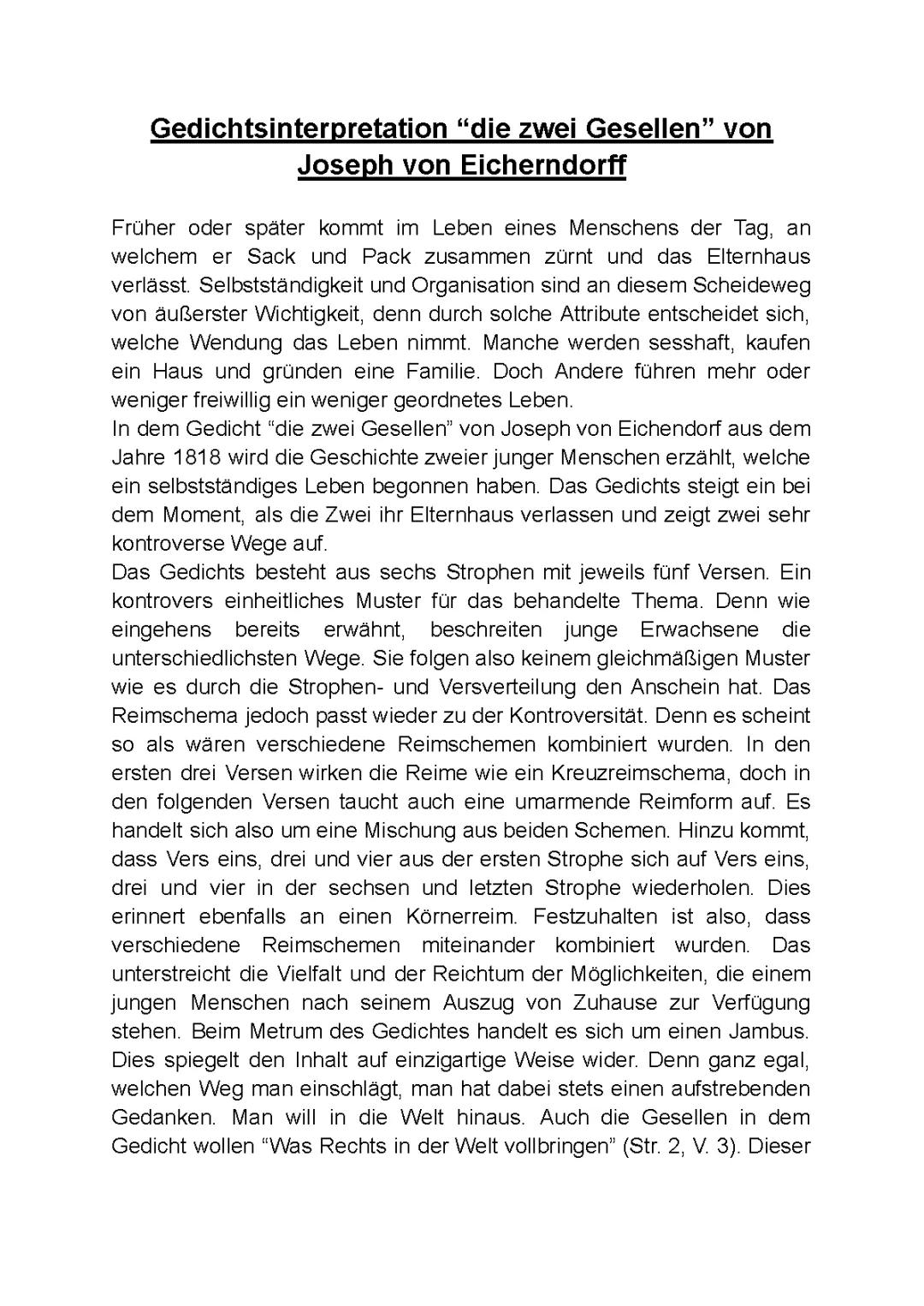 Gedichtsinterpretation "die zwei Gesellen" von Joseph von Eichendorf 