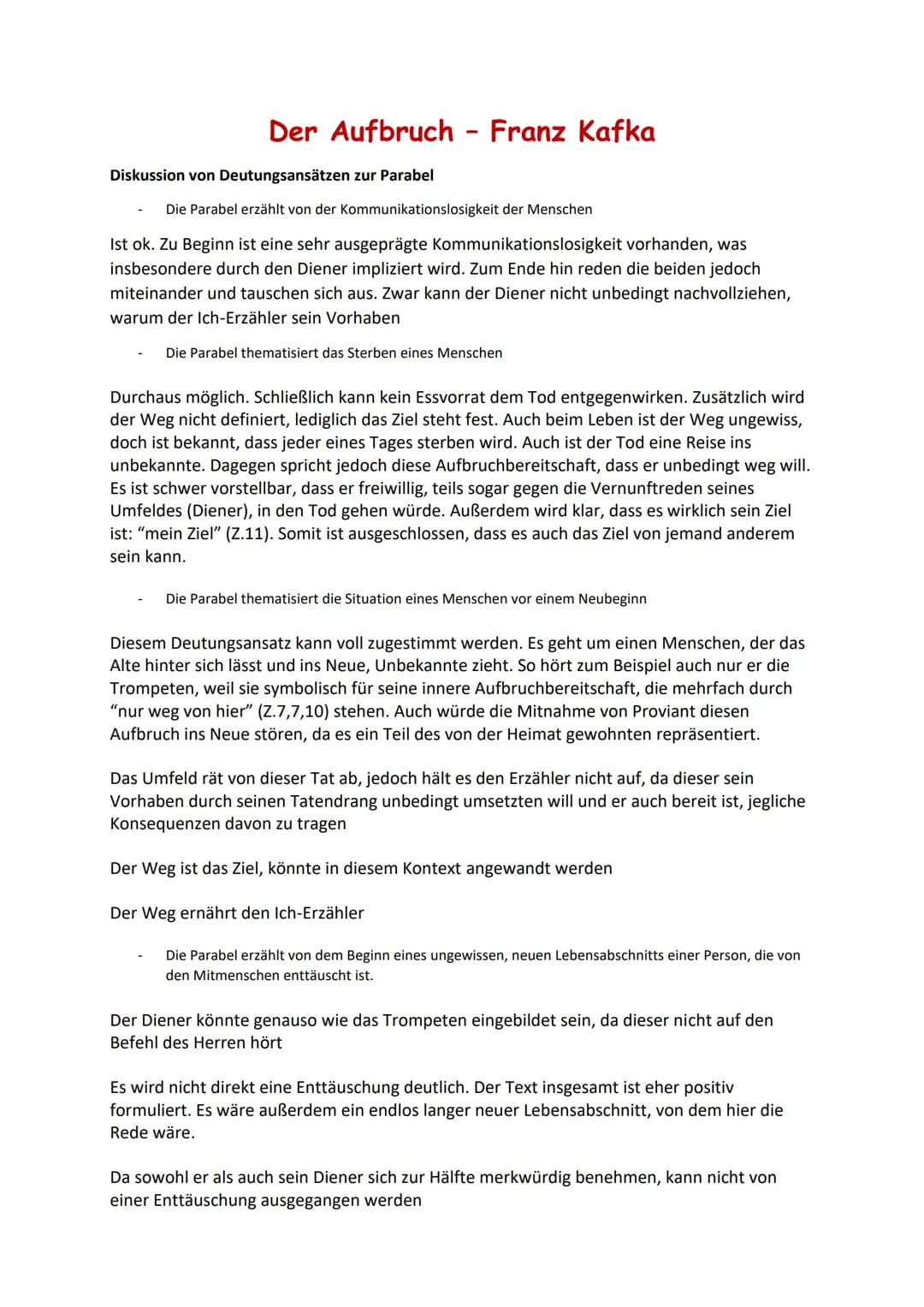 Der Aufbruch
Diskussion von Deutungsansätzen zur Parabel
Franz Kafka
Die Parabel erzählt von der Kommunikationslosigkeit der Menschen
Ist ok