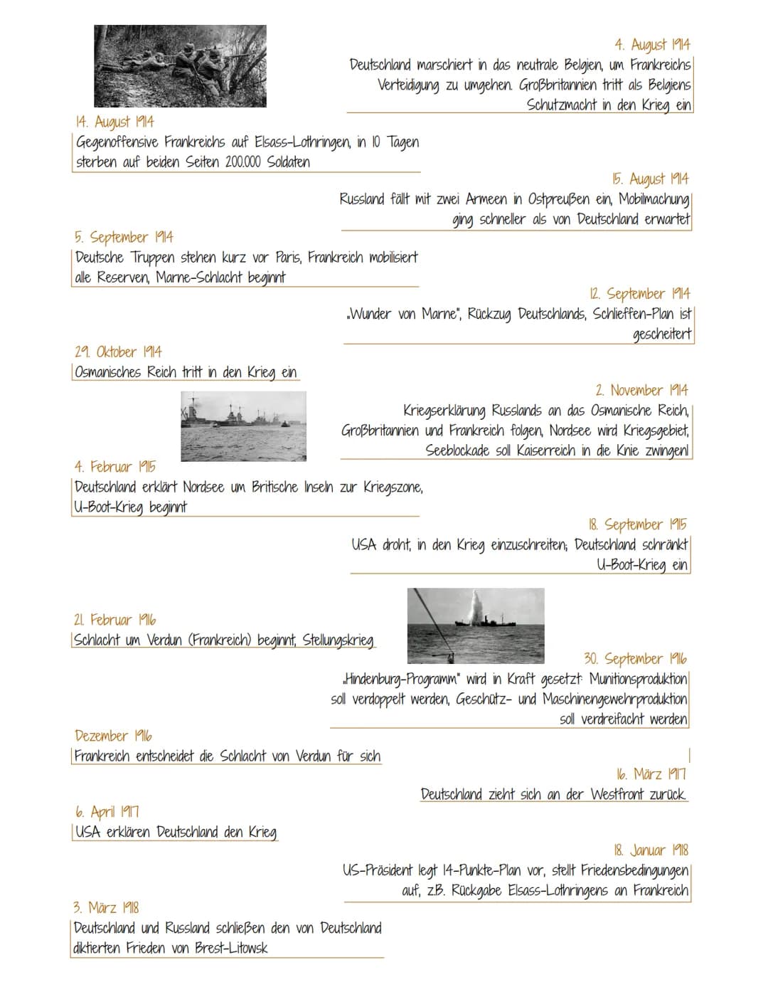 Der Erste Weltkrieg
Kriegsschuld und Kriegsverlauf
Kriegsschuld
Im Versailler Vertrag (1919) wurde geschrieben, dass das Deutsche Reich und 