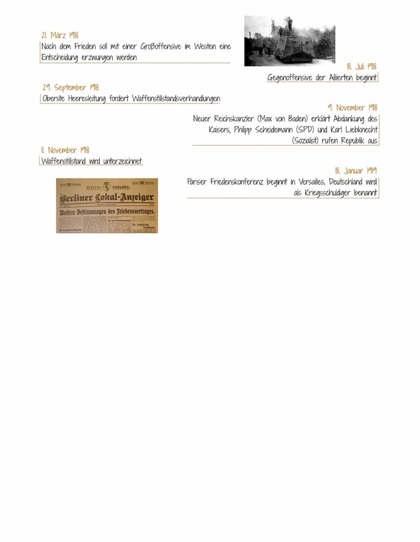 Der Erste Weltkrieg
Kriegsschuld und Kriegsverlauf
Kriegsschuld
Im Versailler Vertrag (1919) wurde geschrieben, dass das Deutsche Reich und 