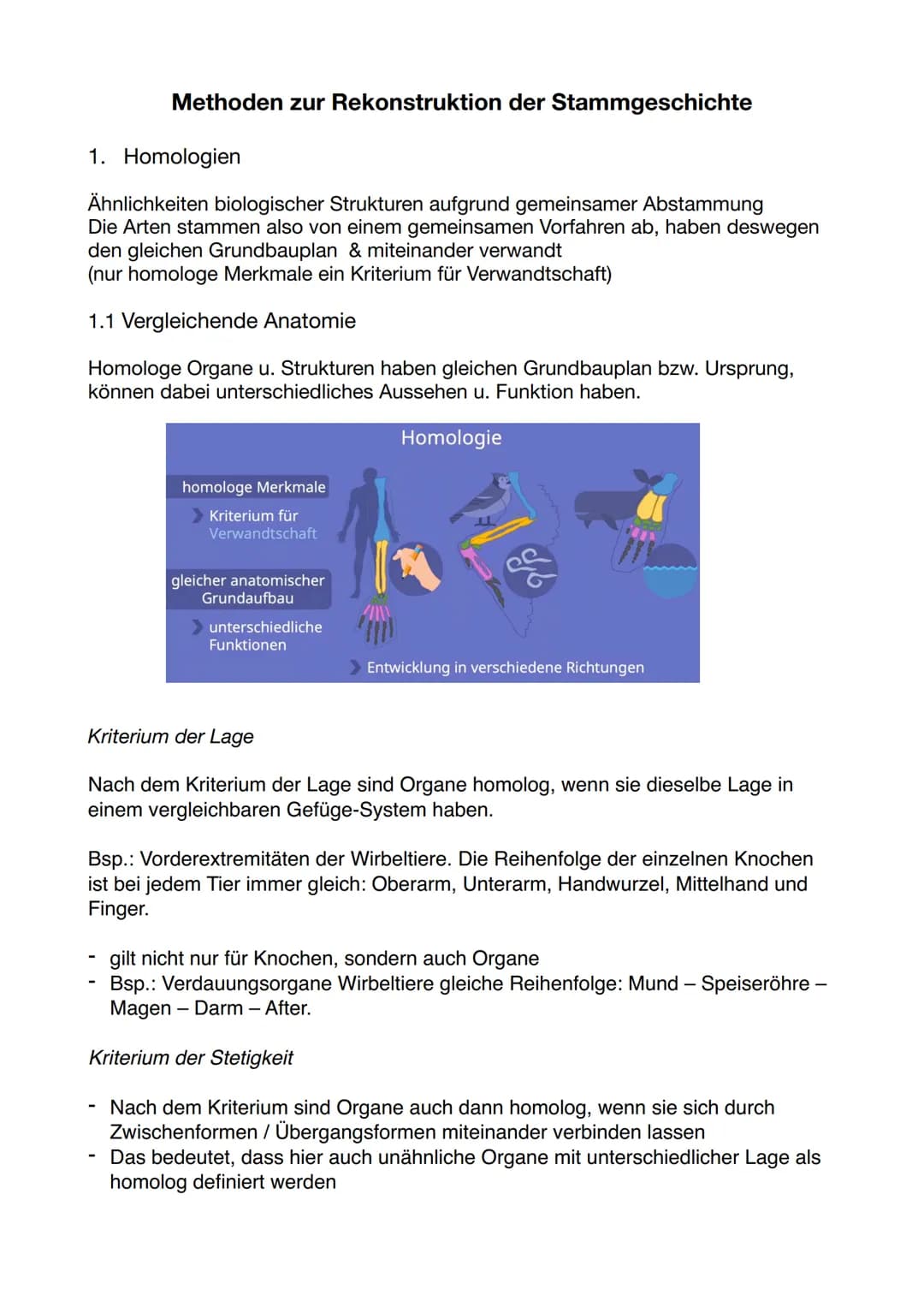 Methoden zur Rekonstruktion der Stammgeschichte
1. Homologien
Ähnlichkeiten biologischer Strukturen aufgrund gemeinsamer Abstammung
Die Arte