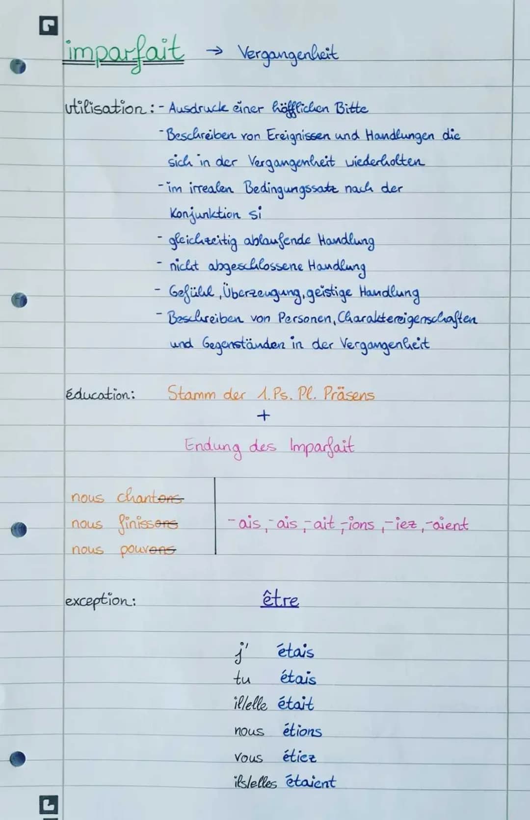 L
J
Timparfait
Vergangenheit
utilisation:- Ausdruck einer höfflichen Bitte
-Beschreiben von Ereignissen und Handlungen die
sich in der Verga