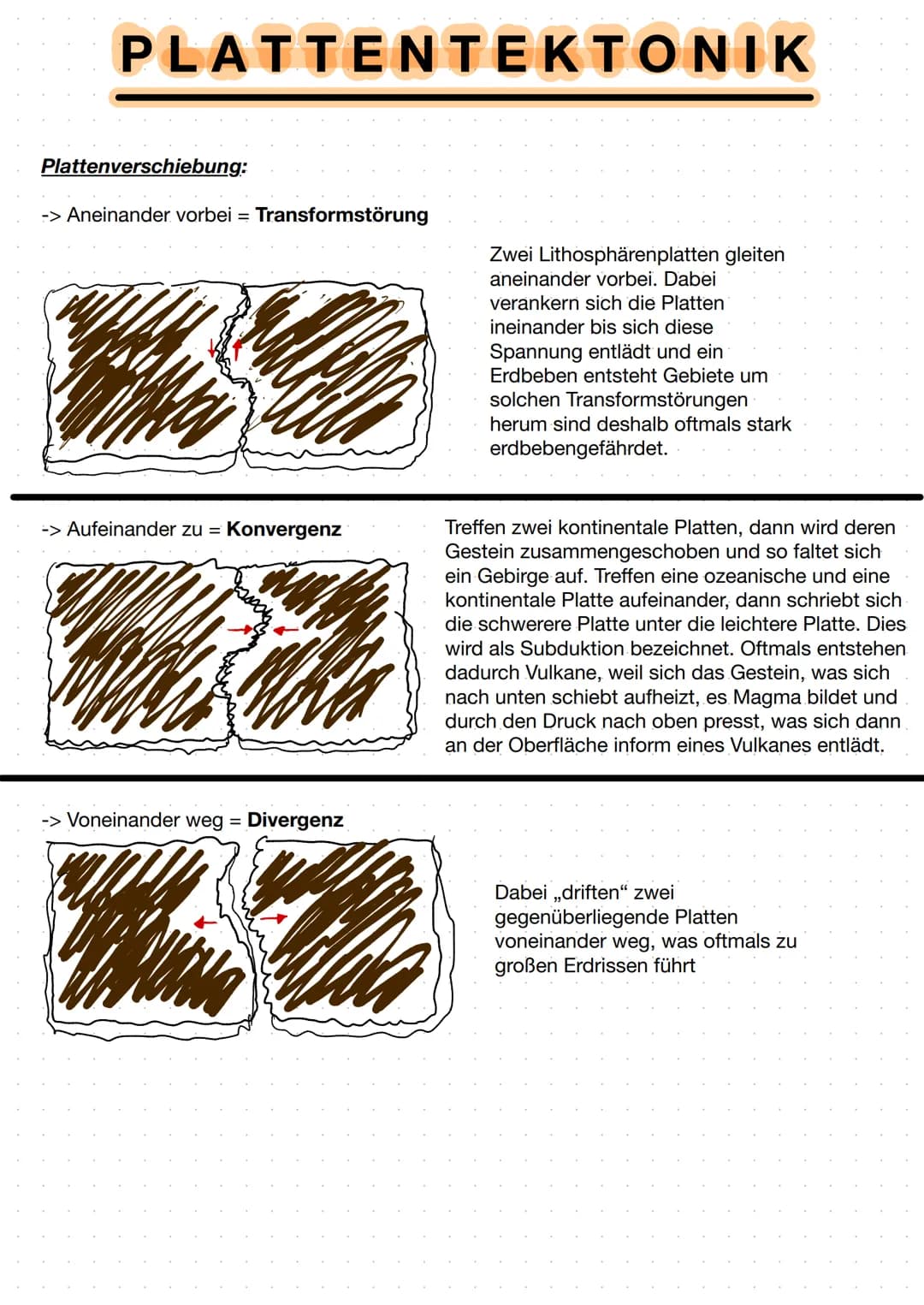 PLATTENTEKTONIK
Plattenverschiebung:
-> Aneinander vorbei = Transformstörung
-> Aufeinander zu = Konvergenz
-> Voneinander weg = Divergenz
W