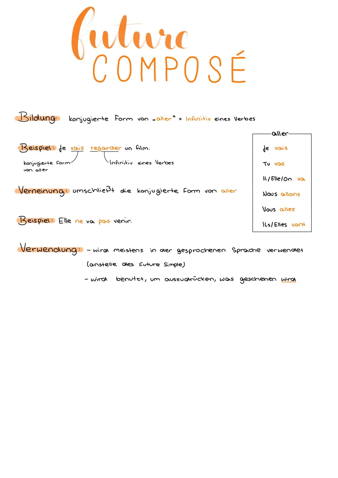 future
COMPOSÉ
Bildung konjugierte Form von waller" + Infinitiv eines Verbes
Beispiel de vais regarder un film.
konjugierte Form
von aller
•