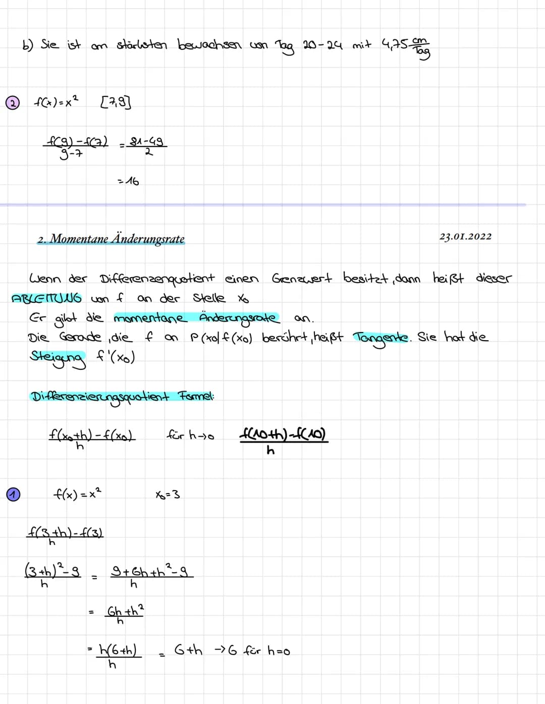 Kapitel 2: Ableitungen
1. Differenzenquotienten/Mittlere Änderungsrate
Beispiel:
Zeit in Tagen x
Höche in cm f(x)
f(xo)
Sonnenblume wird
XO
