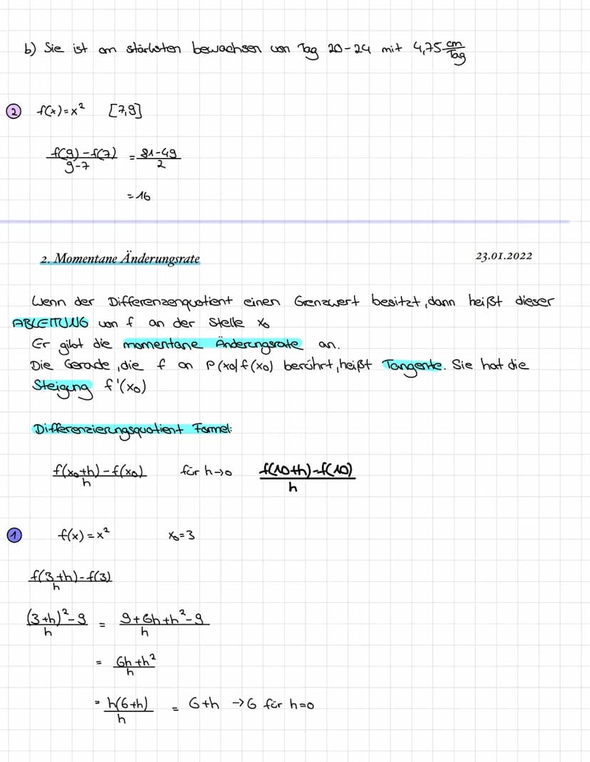 Kapitel 2: Ableitungen
1. Differenzenquotienten/Mittlere Änderungsrate
Beispiel:
Zeit in Tagen x
Höche in cm f(x)
f(xo)
Sonnenblume wird
XO
