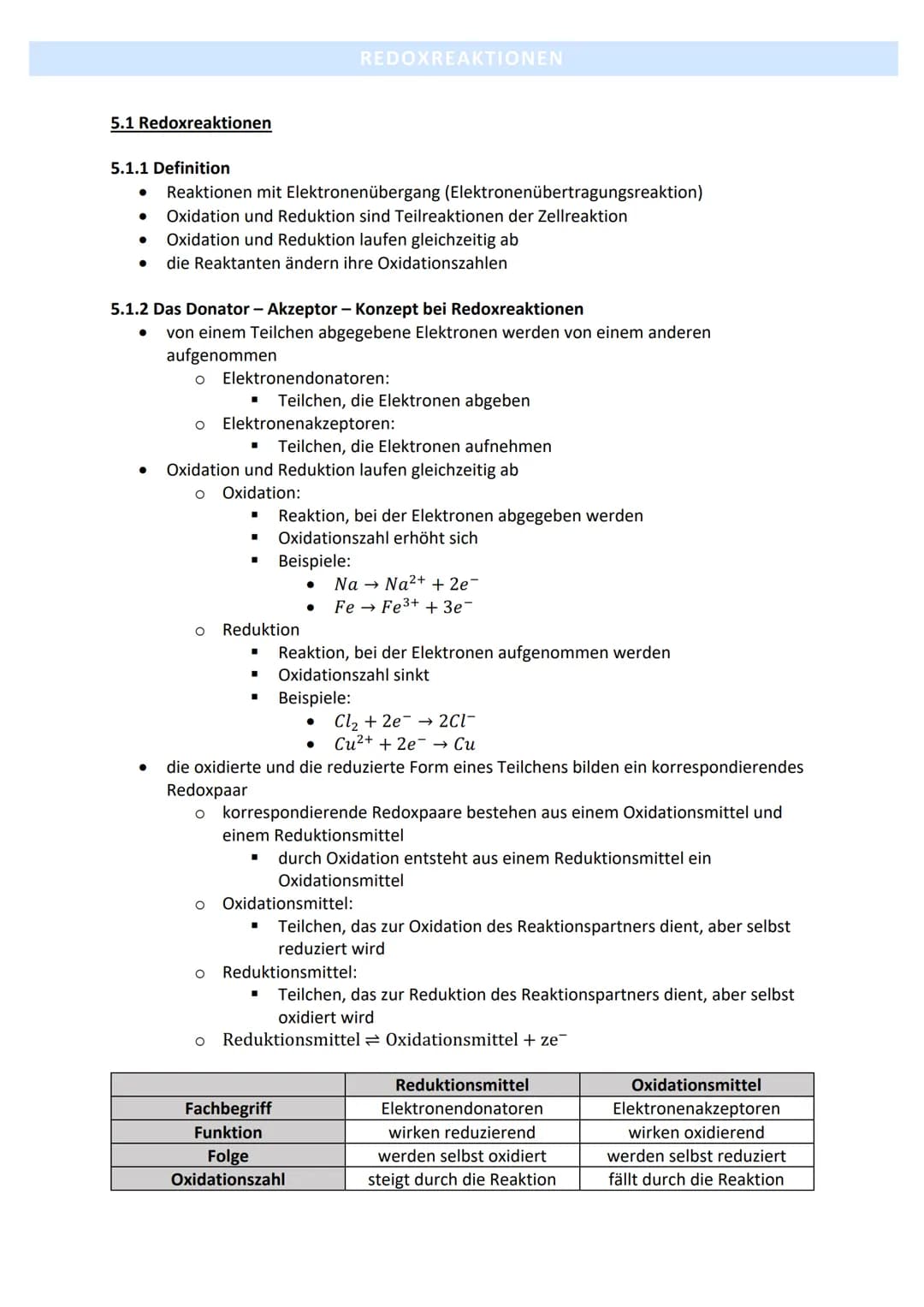 5.1 Redoxreaktionen
5.1.1 Definition
●
●
●
Reaktionen mit Elektronenübergang (Elektronenübertragungsreaktion)
Oxidation und Reduktion sind T