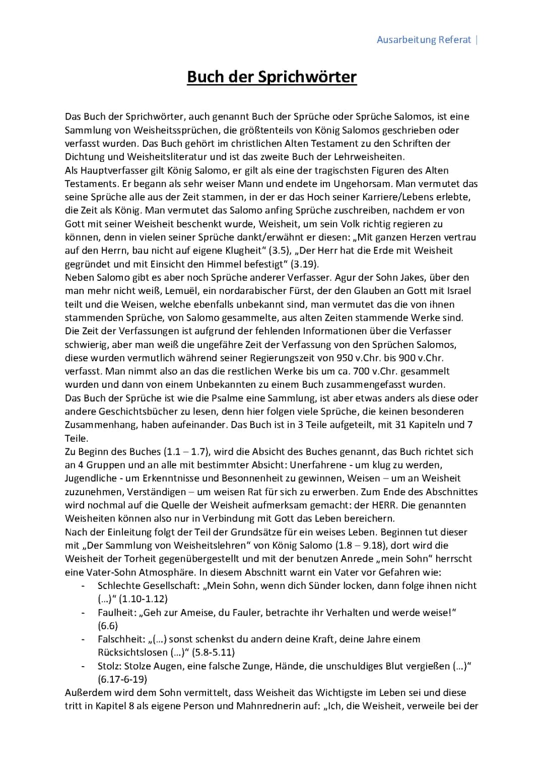 Hausarbeit über das Buch der Sprüche und Weisheiten - Dein Beispiel für die 10. Klasse