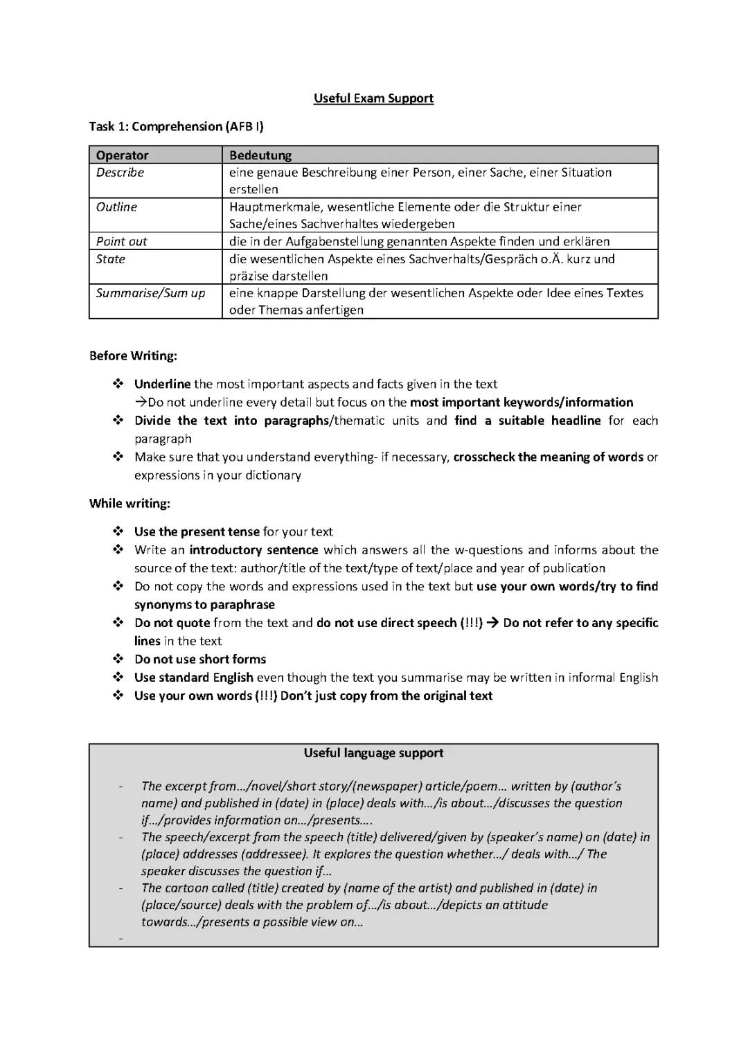 Exam Support (Comprehension, Analysis, Comment)