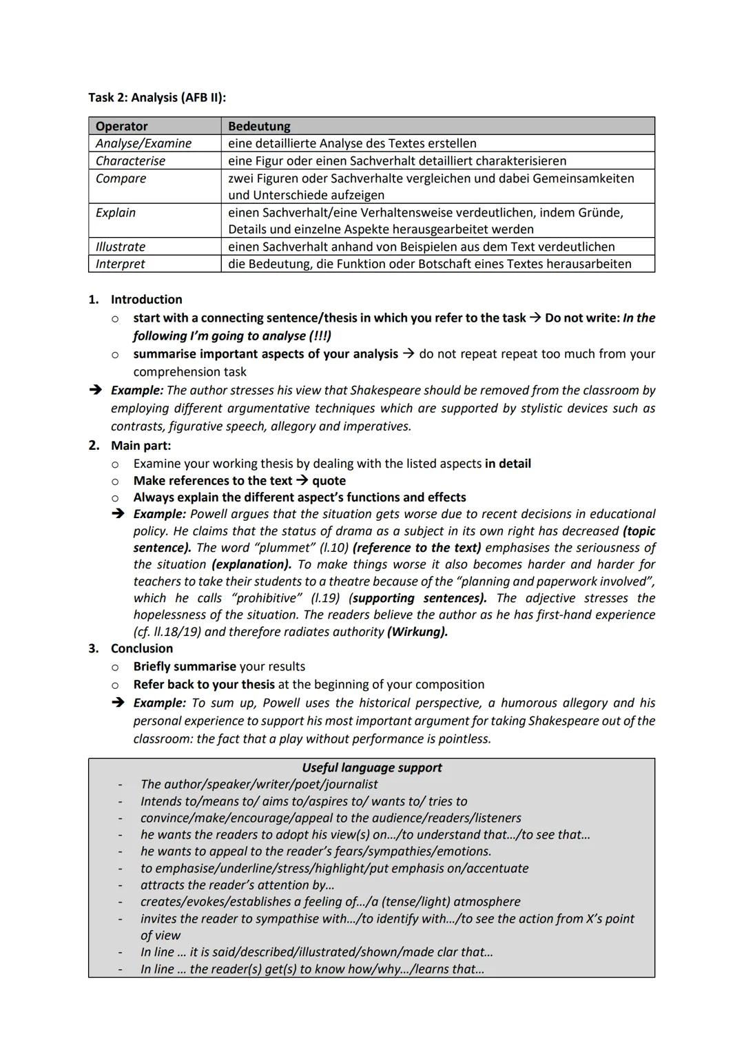Task 1: Comprehension (AFB I)
Operator
Describe
Outline
Point out
State
Summarise/Sum up
Useful Exam Support
Bedeutung
eine genaue Beschreib