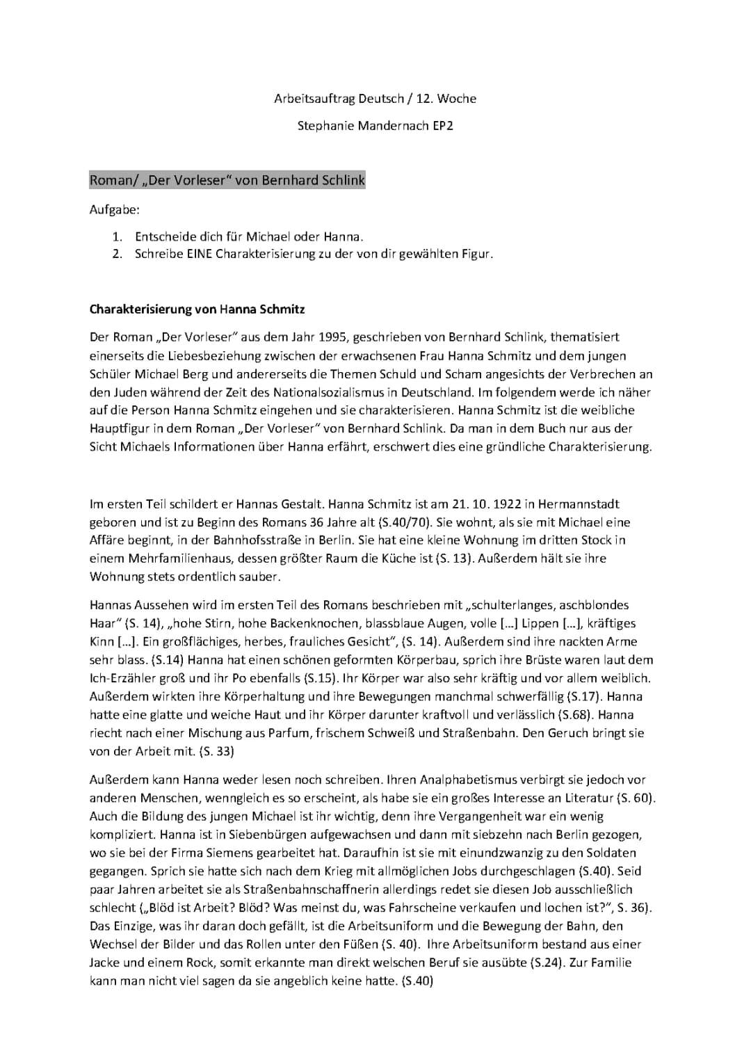 Charakterisierung von Hanna Schmitz im Roman 'Der Vorleser'