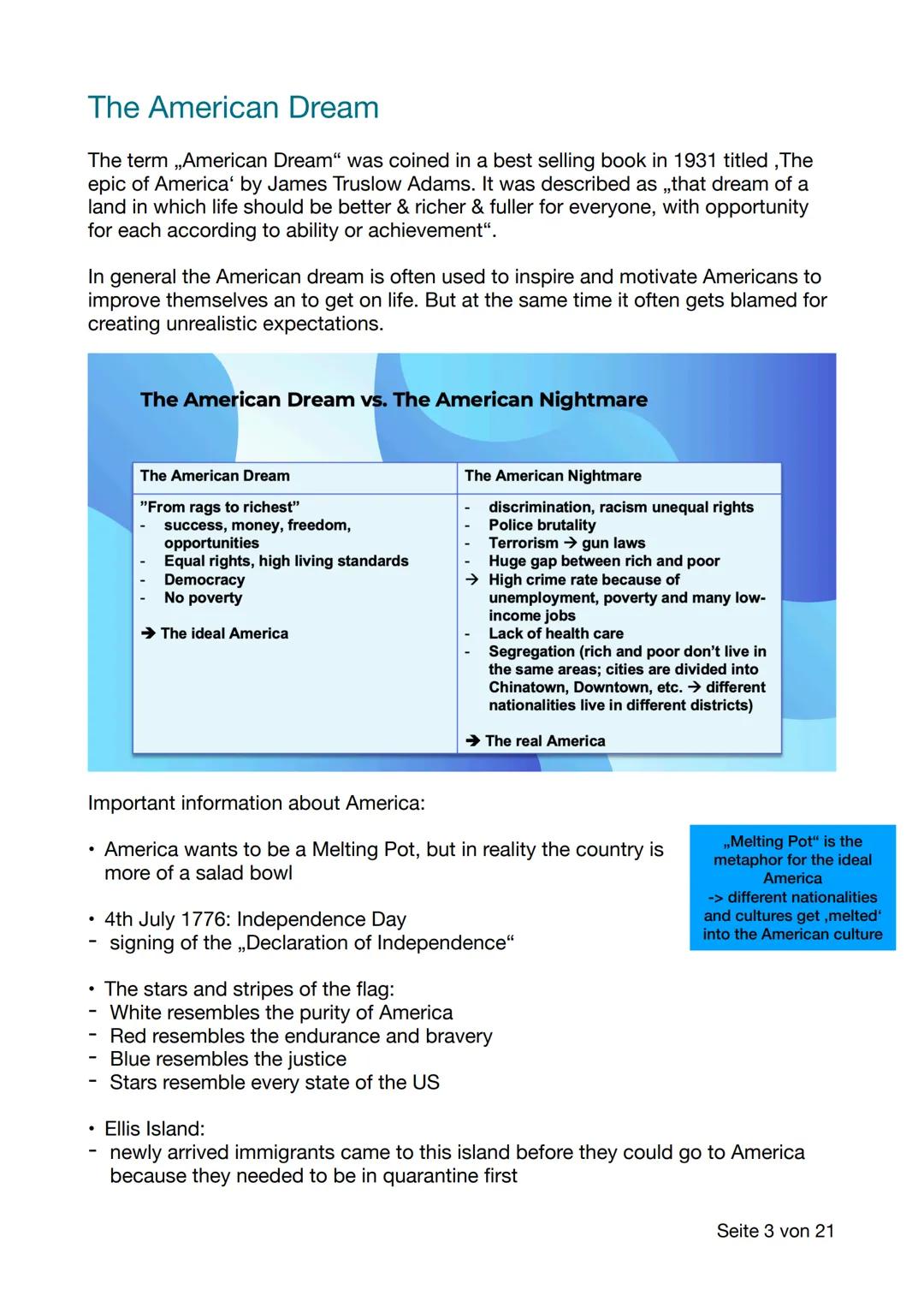 Englisch Lernblätter
Table of Contents
1. American Dream
- important information about America
- The American political system
2. Globalisat