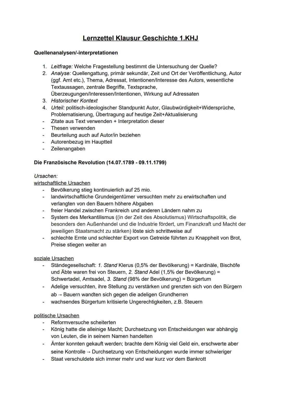 Quellenanalysen/-interpretationen
Lernzettel Klausur Geschichte 1.KHJ
1. Leitfrage: Welche Fragestellung bestimmt die Untersuchung der Quell