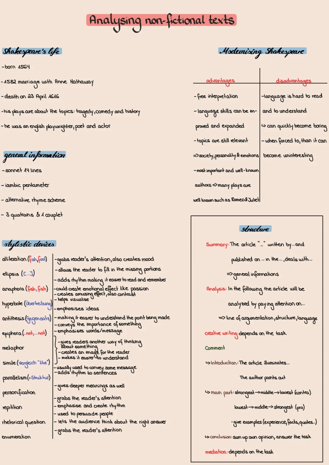 Shakespeare's life
-born 1564
- 1582
・ marriage
-death on 23 April 1616
with Anne Hathaway
- his plays are about the topics: tragedy, comedy