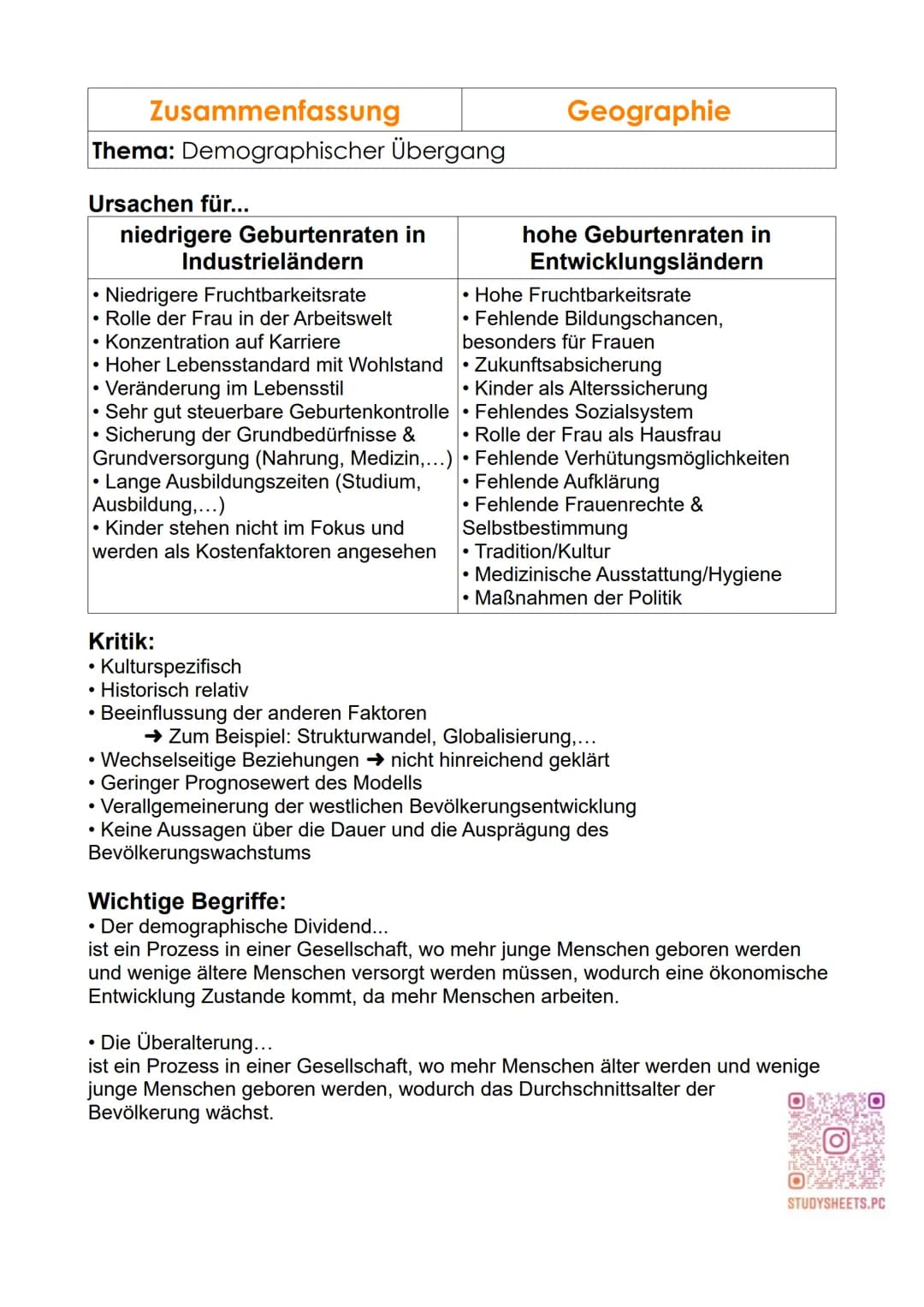 Zusammenfassung
Thema: Demographischer Übergang
Modell des demographischen Übergangs:
Sterberate
Wachstumsrate
I
||
Phasen des demographisch