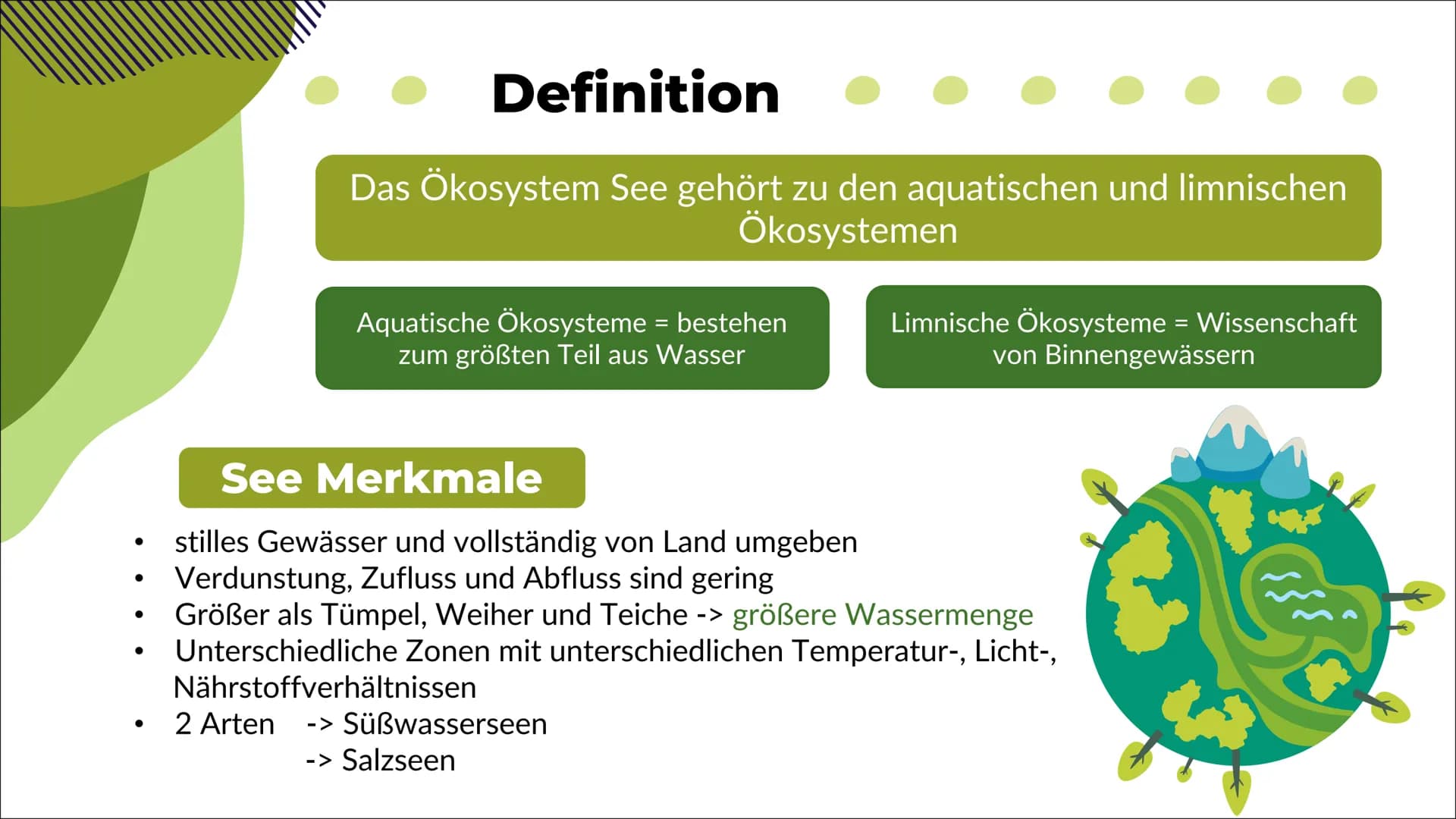 Ökosystem See
Nele O. S20
Biologie 1
Definition
2
Inhaltsverzeichnis
Energiefluss
Stoffkreis-
lauf
-> Stickstoff
-> Phosphor
Q
Oligo-
trophe