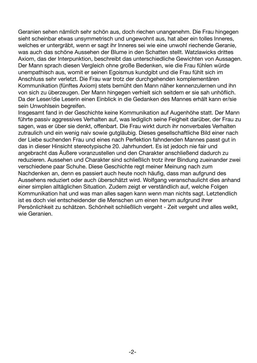 Kommunikationsanalyse ,,Die traurigen Geranien"
In der Kurzgeschichte "die traurigen Geranien", welche Wolfgang Borchert 1947
verfasste, bes