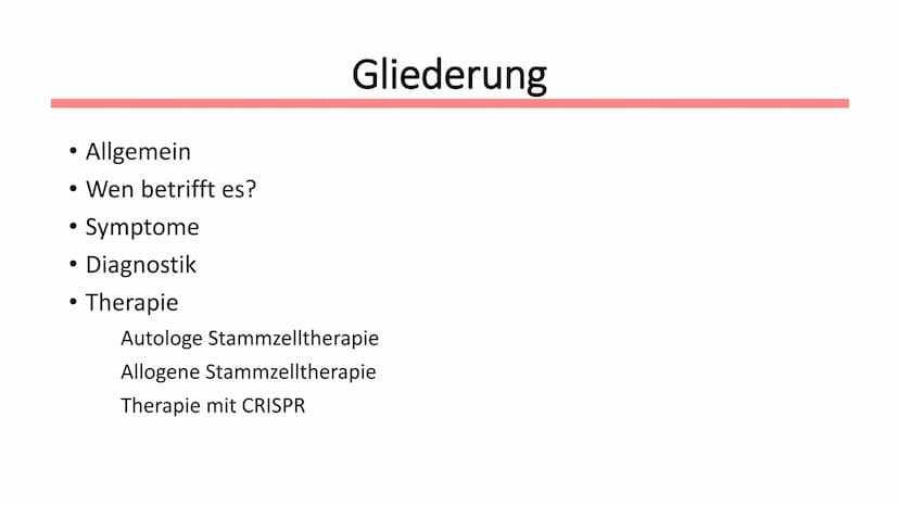 Leukämie
Biologie / Klasse / Name / Datum ●
Symptome
• Diagnostik
Therapie
Allgemein
Wen betrifft es?
●
Gliederung
Autologe Stammzelltherapi