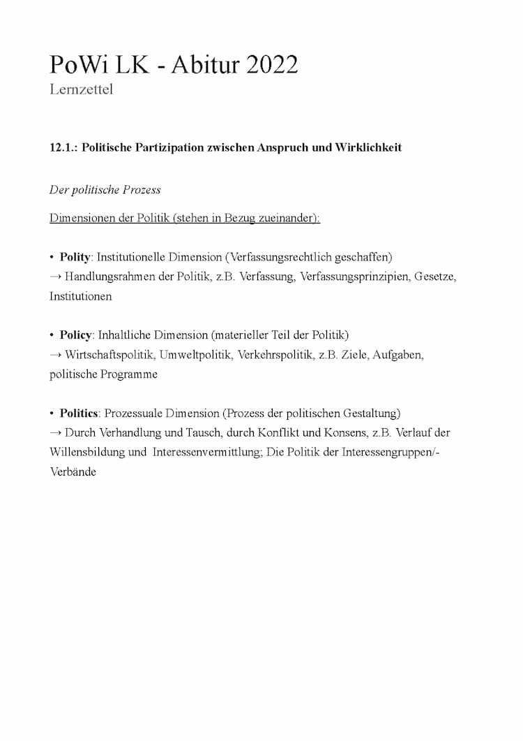 Know Abitur Lernzettel: Politische Partizipation 12.1 - PoWi LK thumbnail