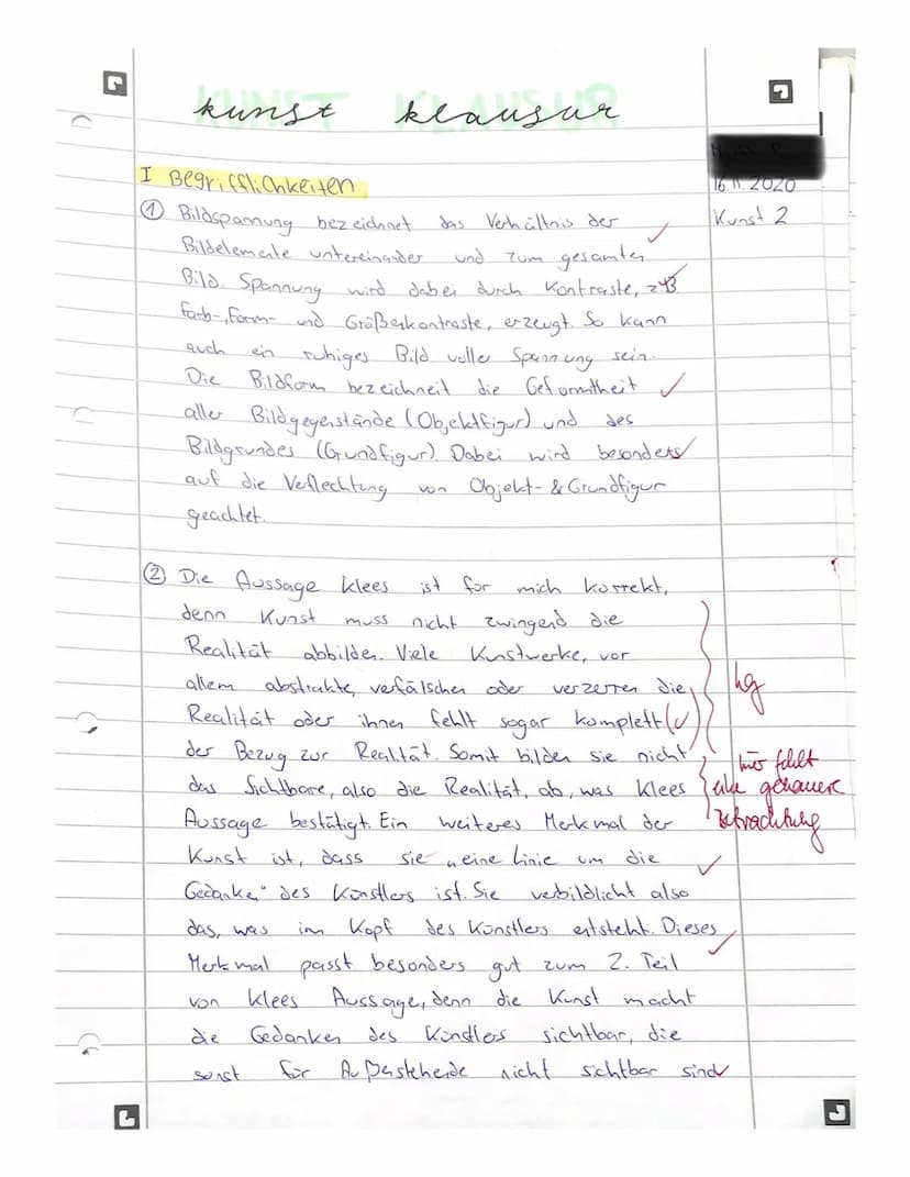 1.Begrifflichkeiten
1. Erklären Sie die Begriffe Bildspannung und Bildform.
2. ,,Kunst gibt nicht das Sichtbare wieder, sondern macht sichtb