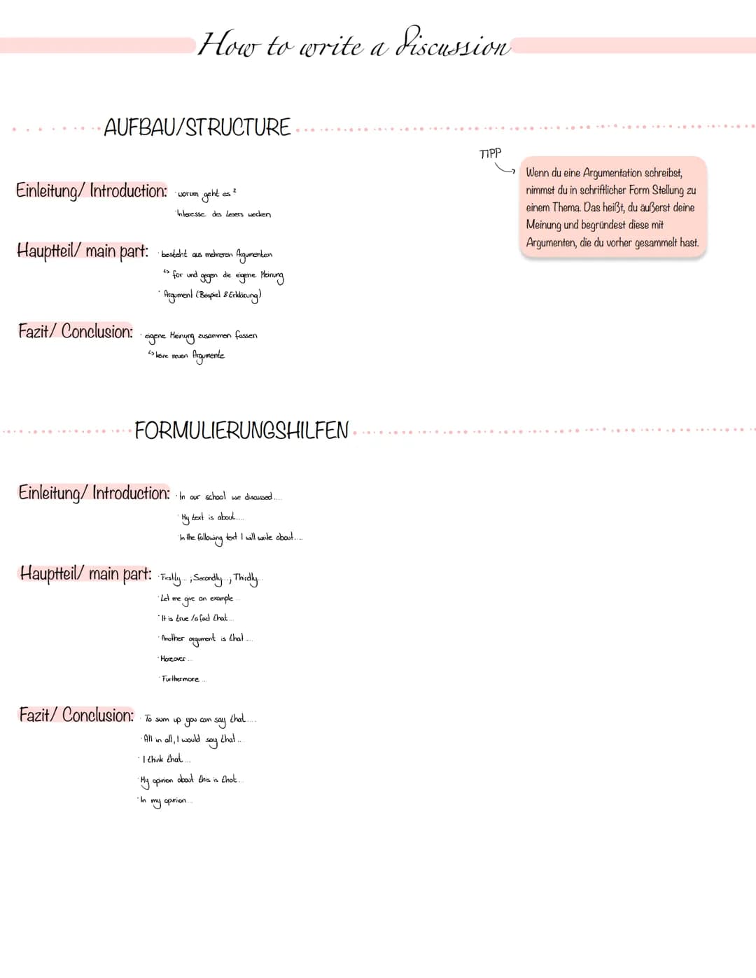 AUFBAU/STRUCTURE
Einleitung/ Introduction:
How to write a discussion
Fazit/ Conclusion:
• worum geht es?
Interesse des Lesers wecken
Hauptte