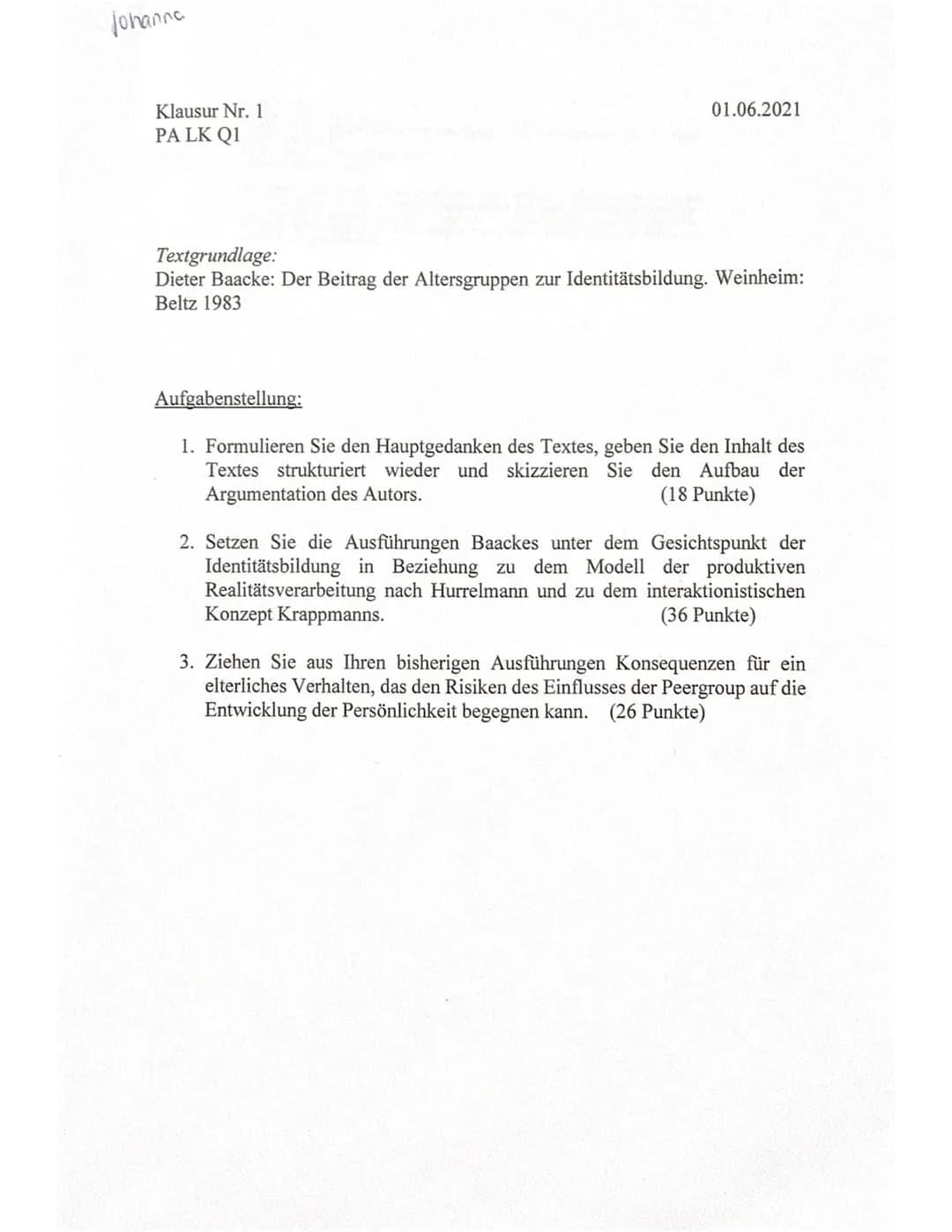 Name:
Bewertungsbogen zur 2. Klausur im Fach Pädagogik (2. Halbjahr)
Thema: Sozialisationstheorien
Teilaufgabe 1:
Anforderungen (AB I)
Der S