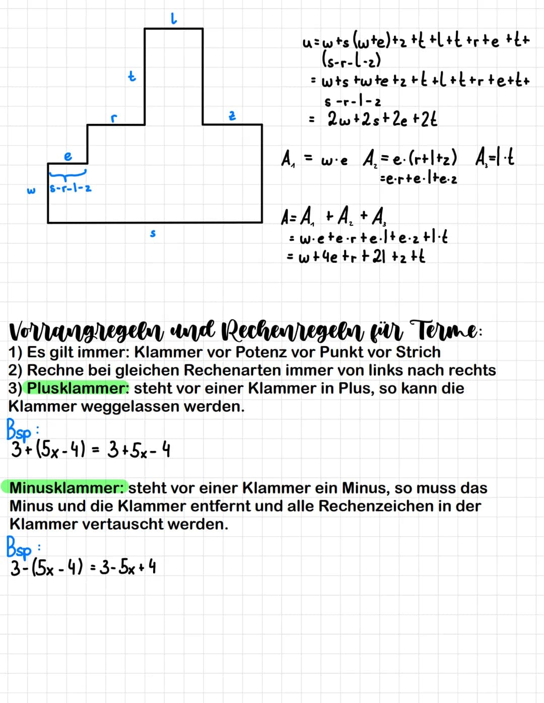 Was sind Terme?:
Kombinationen von Zahlen mit Buchstaben werden Terme genannt. Diese
Buchstaben sind meist Variablen, in die man Werte einse