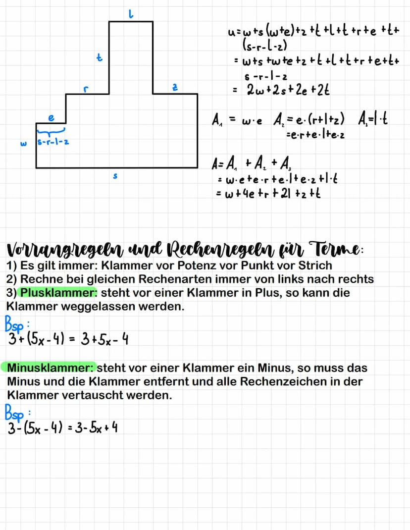 Was sind Terme?:
Kombinationen von Zahlen mit Buchstaben werden Terme genannt. Diese
Buchstaben sind meist Variablen, in die man Werte einse