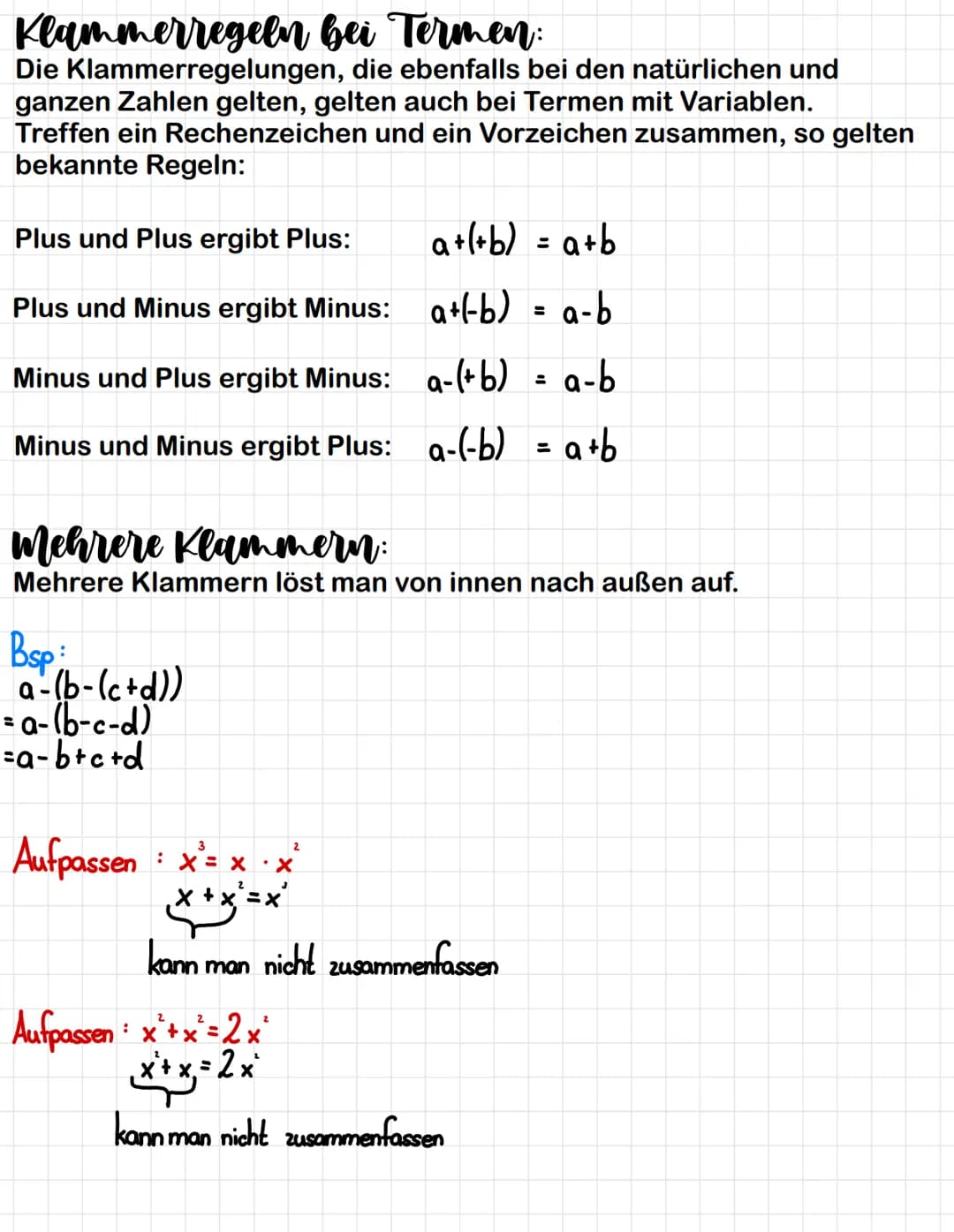 Was sind Terme?:
Kombinationen von Zahlen mit Buchstaben werden Terme genannt. Diese
Buchstaben sind meist Variablen, in die man Werte einse